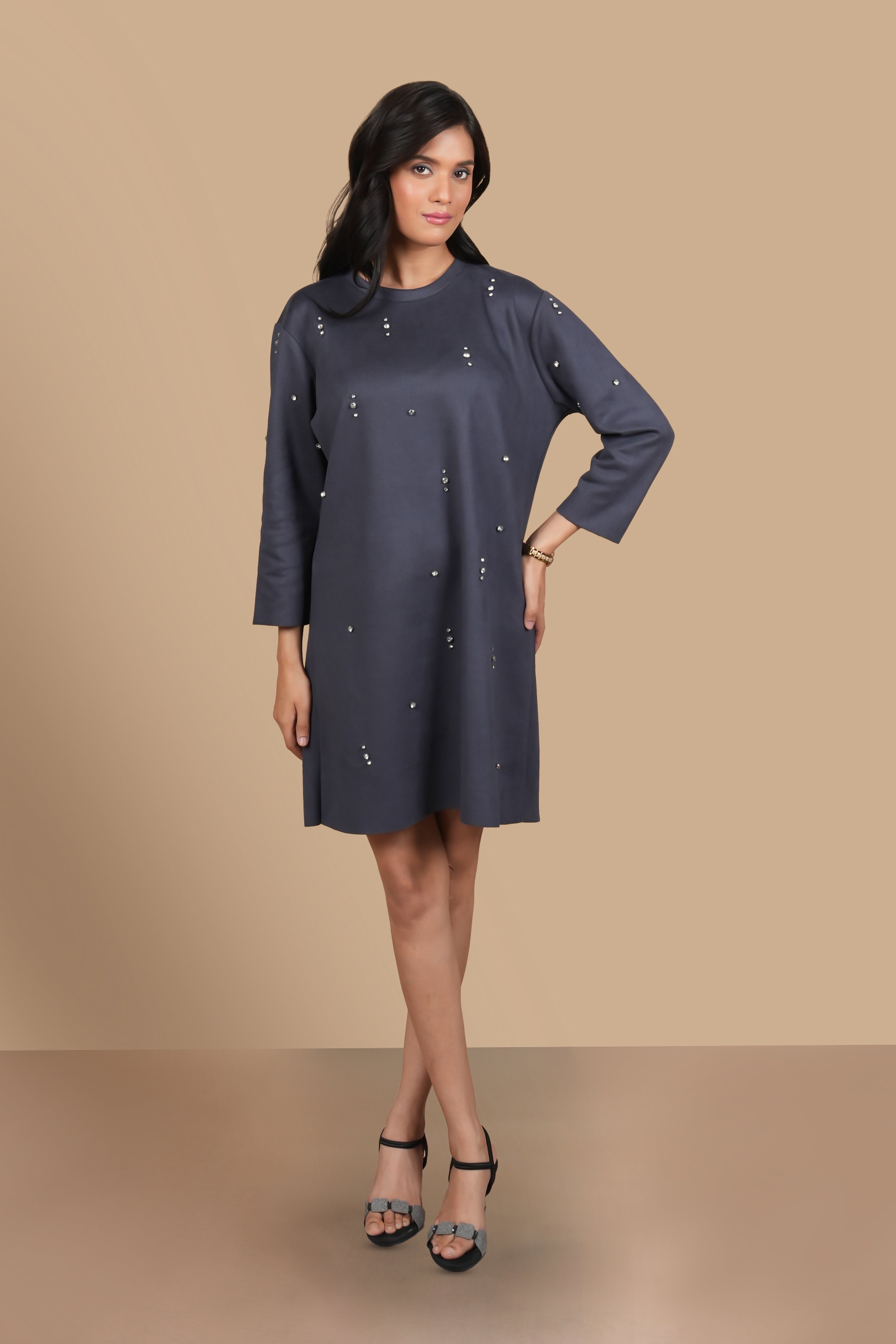 RHINESTONE DARK GREY SUEDE DRESS