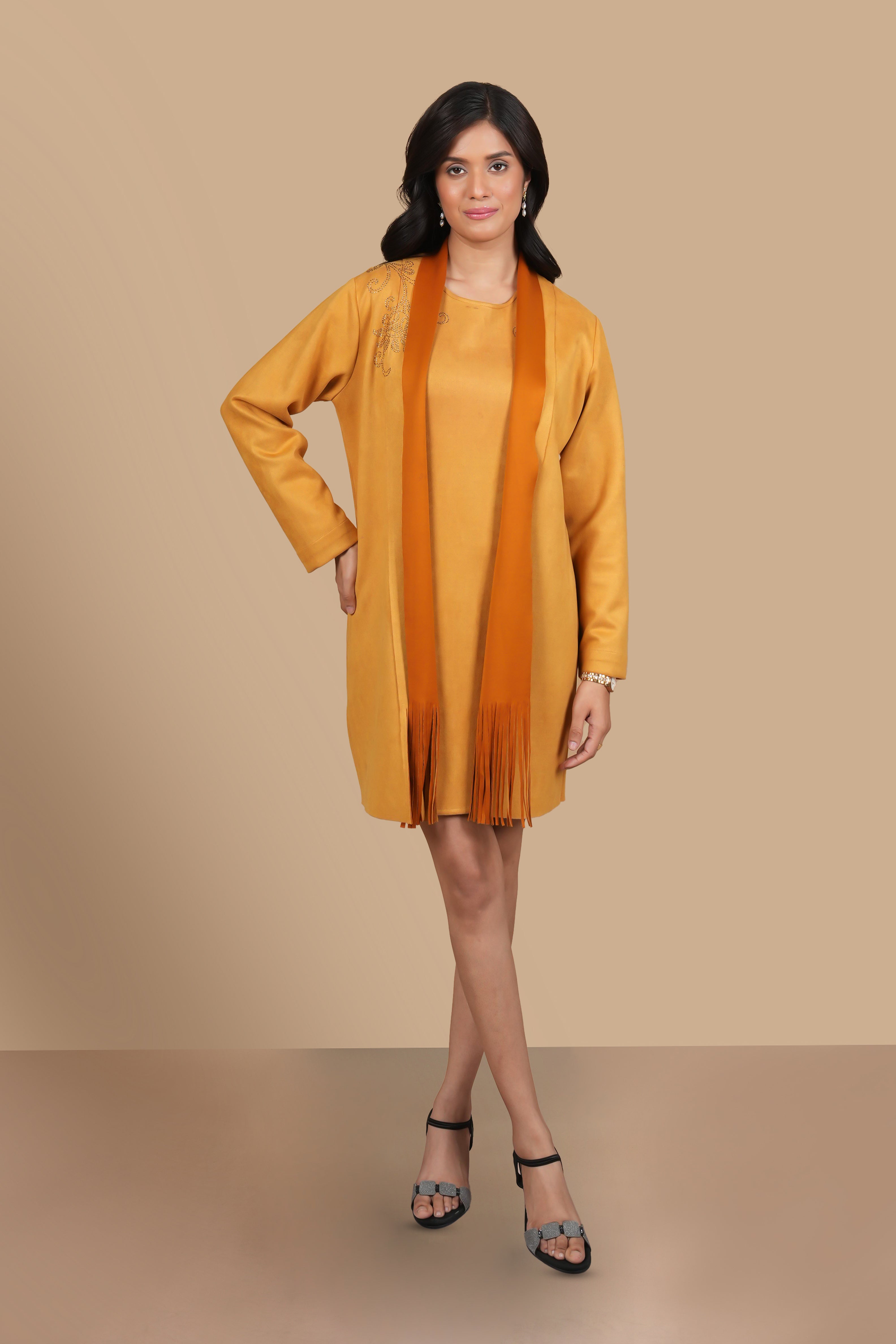 SWAROSVKI MUSTARD  SUEDE SHORT DERESS