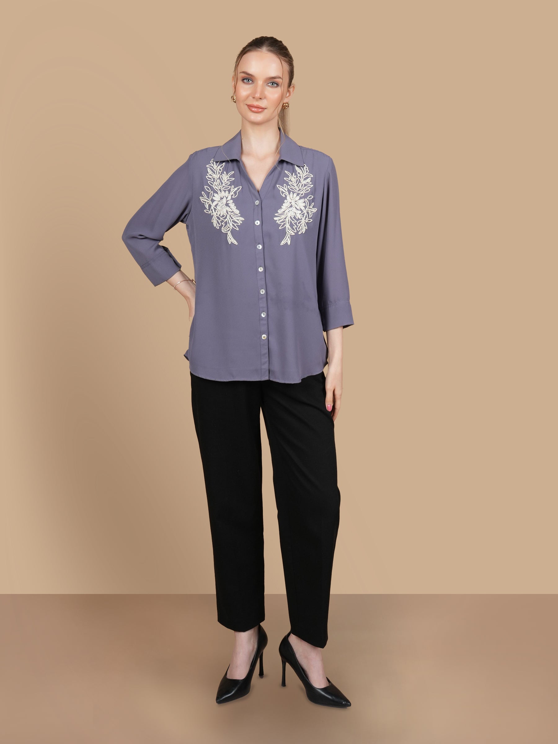 WHITE BEAD EMBELLISHED  GREY SHIRT