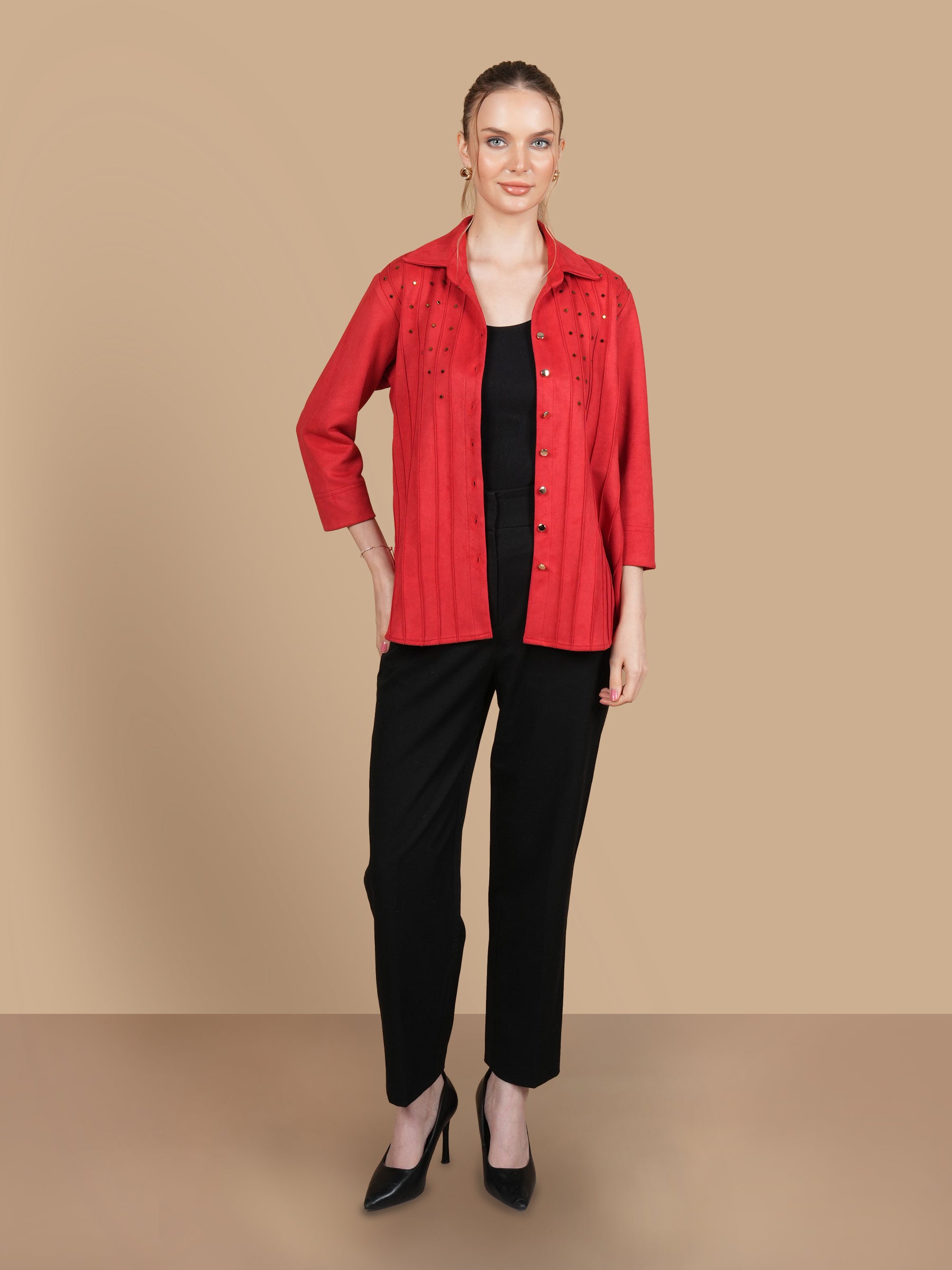 SWAROVSKI PINTUCK RED SUEDE SHIRT