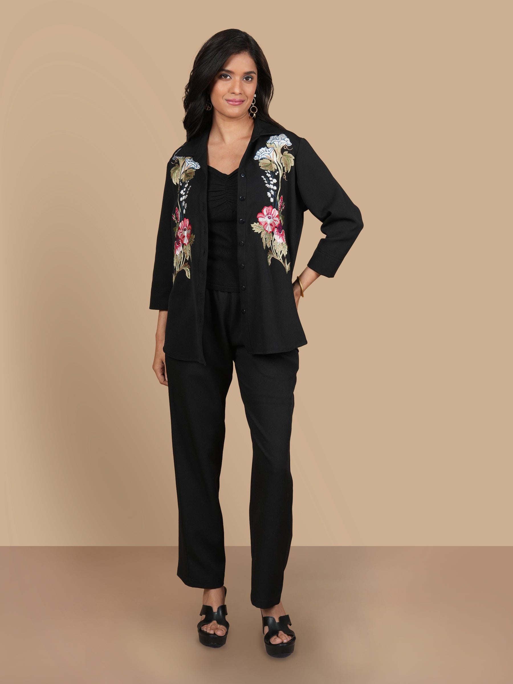 THREE LEAF EMBROIDERED  BLACK COORD SET