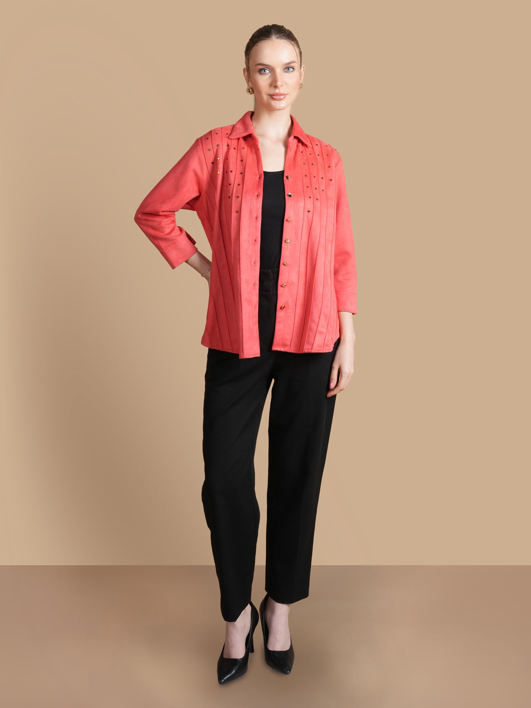SWAROVSKI PINTUCK CORAL SUEDE SHIRT