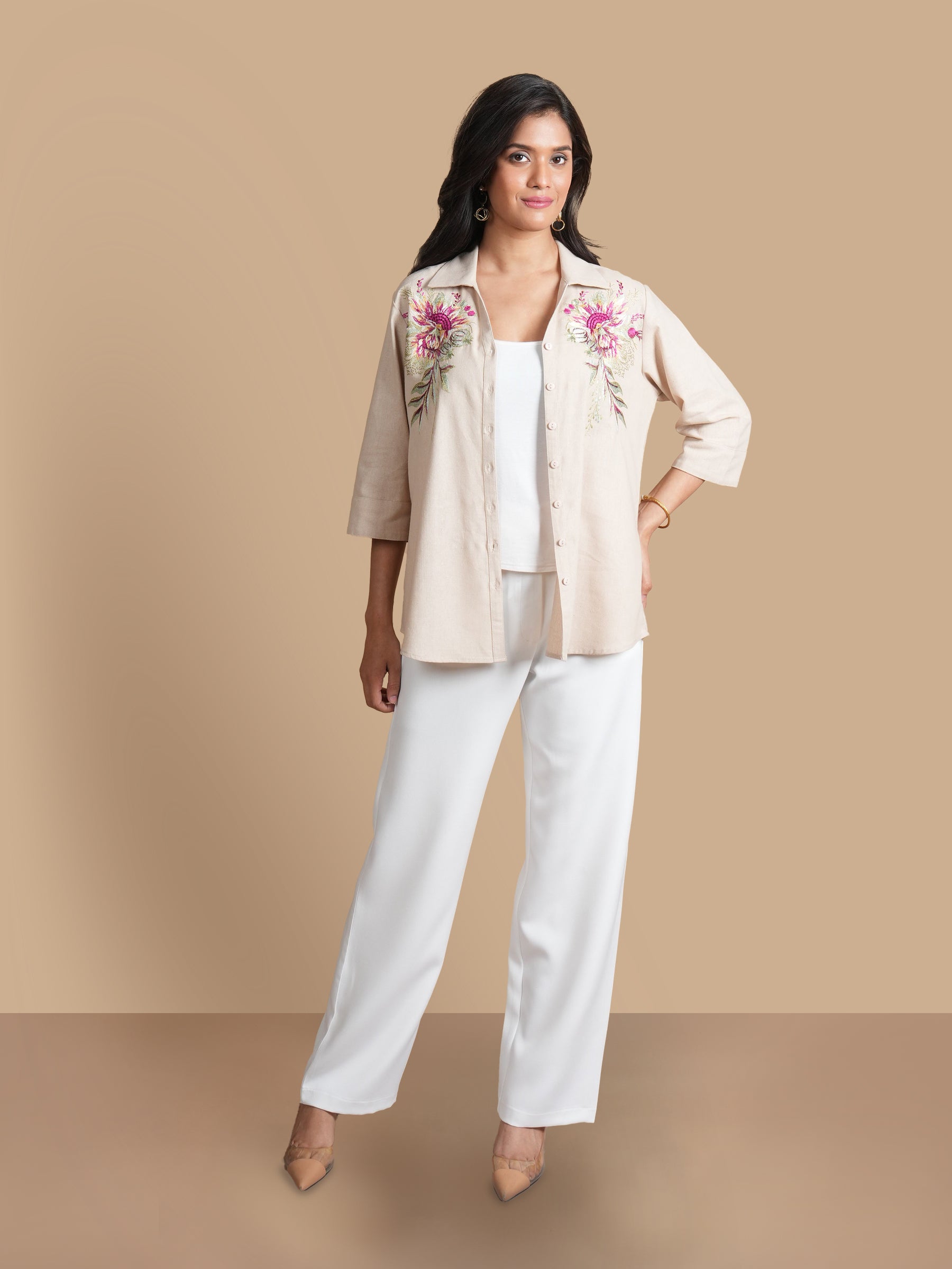 LINEN BLOSSOM  EMBROIDERED BEIGE SHIRT