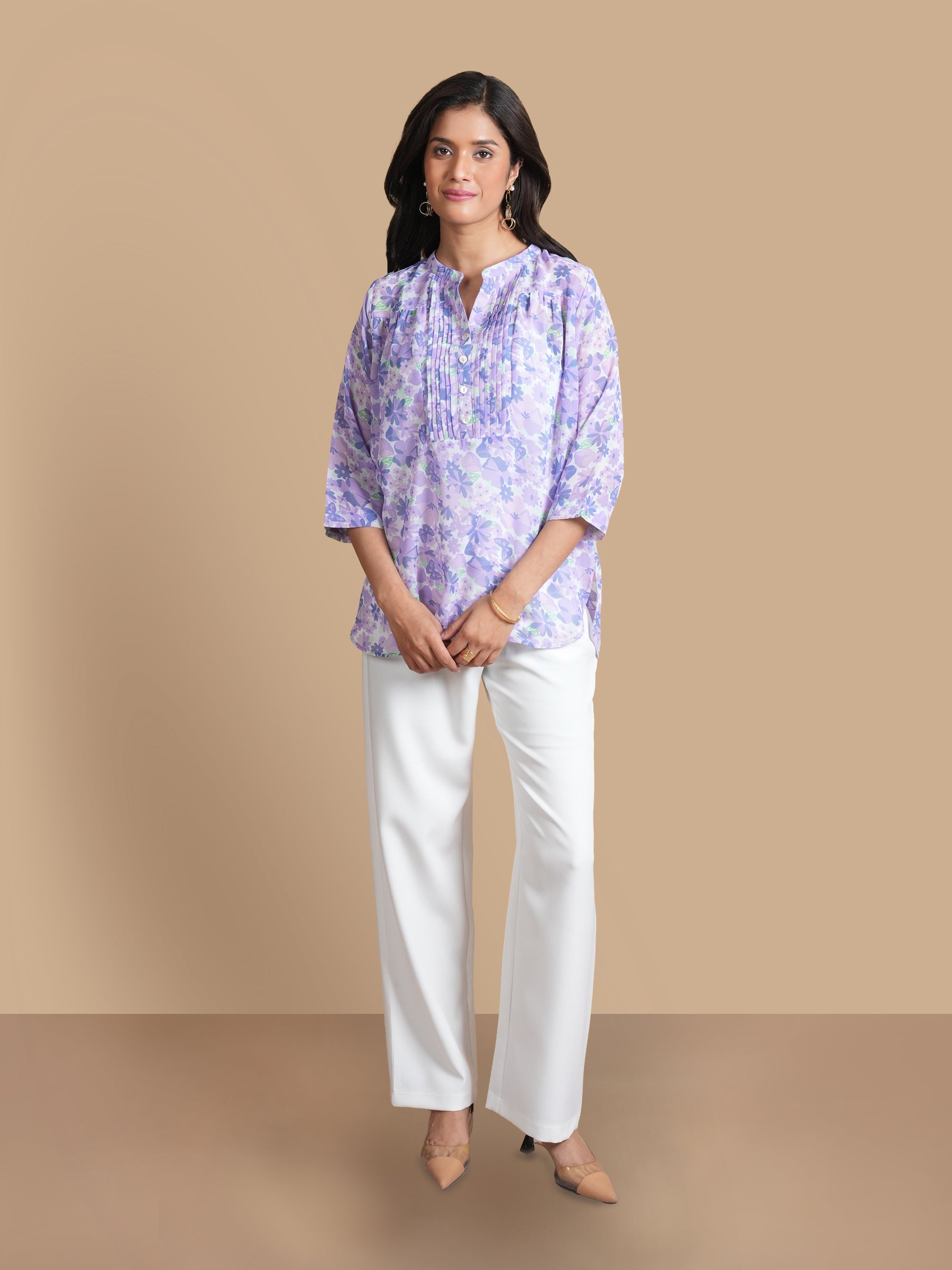 LILAC PLEATED PRINTED TOP