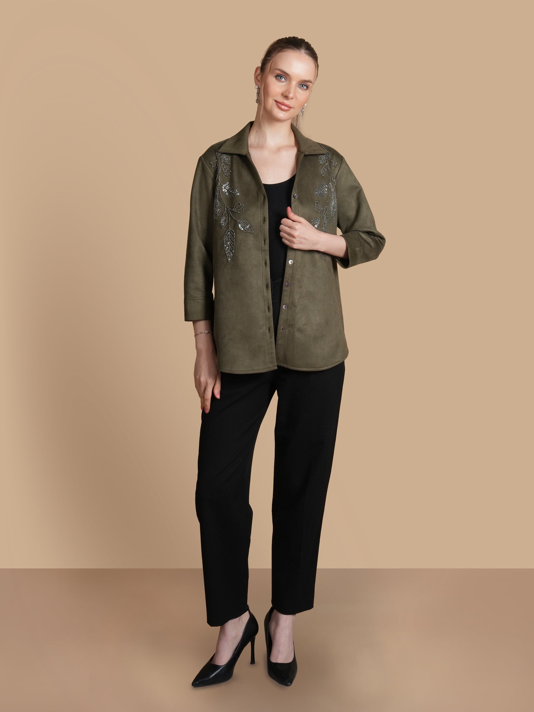 FERN SEQUINS OLIVE SHIRT