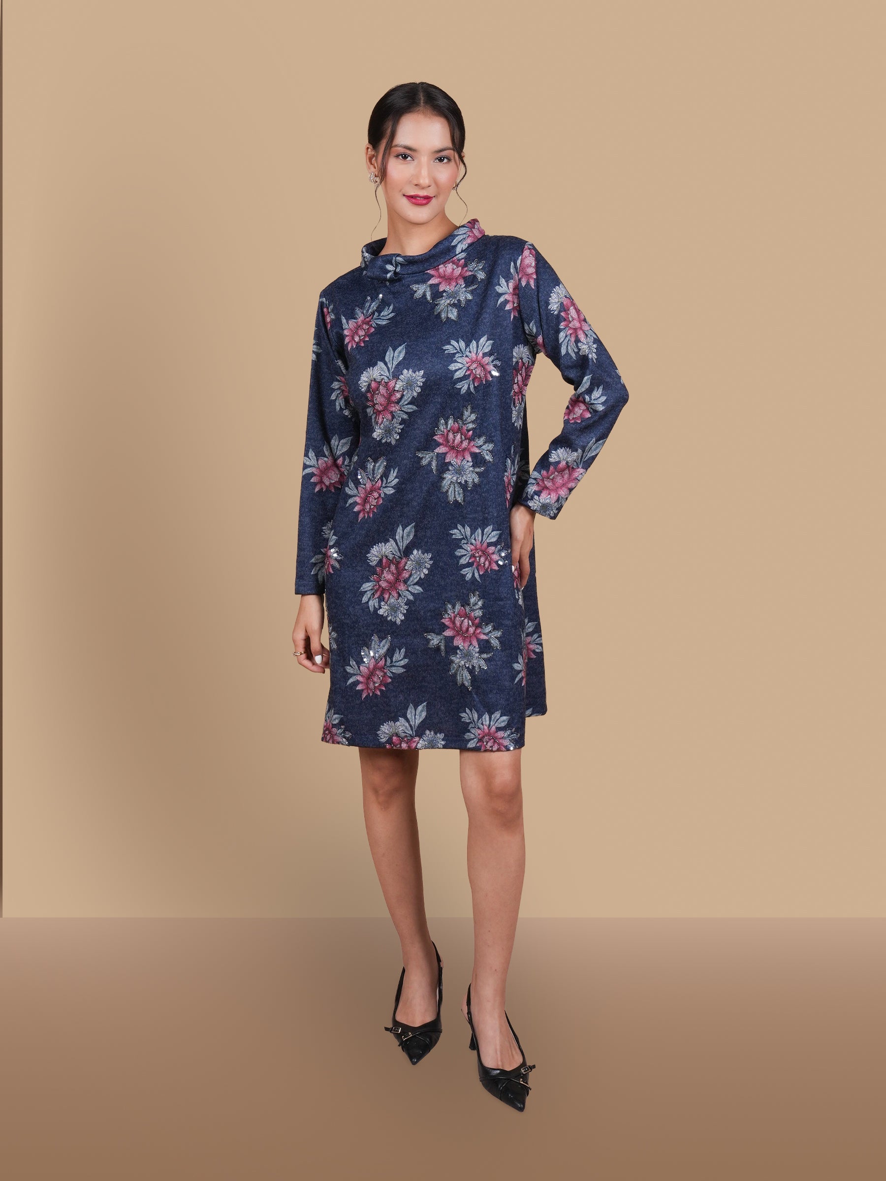 ANGORA HAND  EMBELLISHED NAVY DRESS