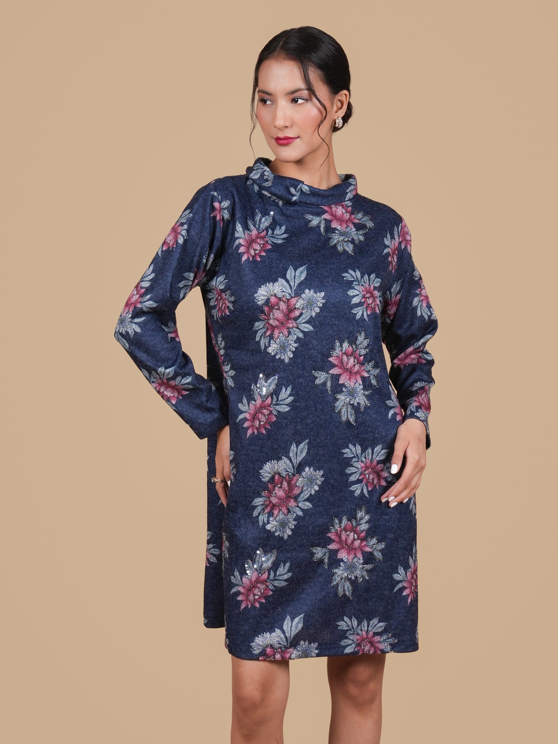 ANGORA HAND  EMBELLISHED NAVY DRESS