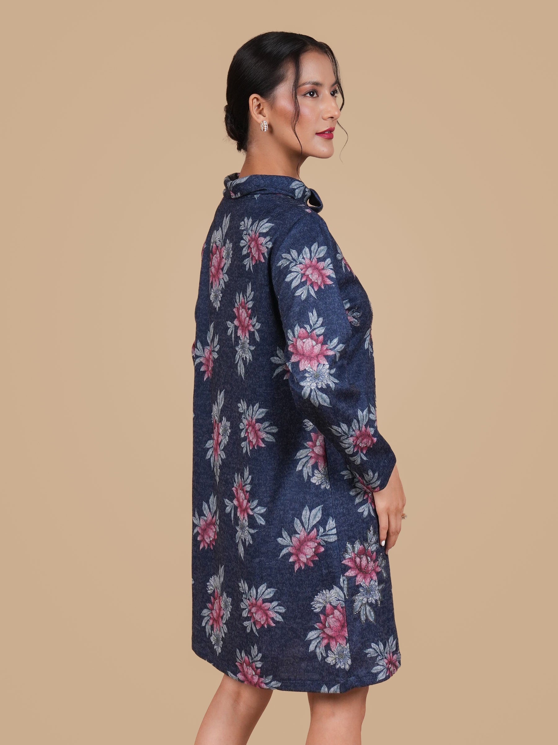 ANGORA HAND  EMBELLISHED NAVY DRESS