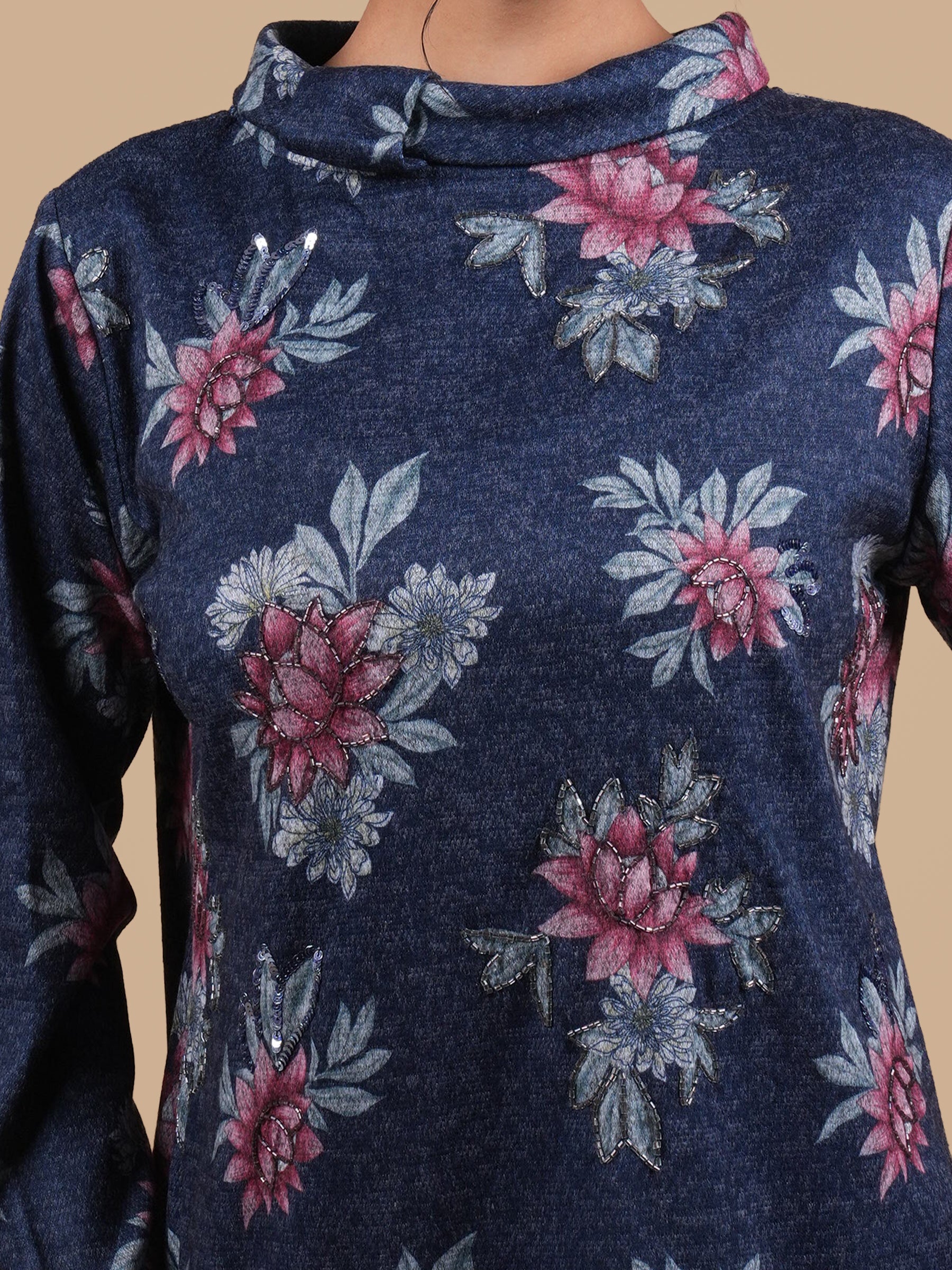 ANGORA HAND  EMBELLISHED NAVY DRESS