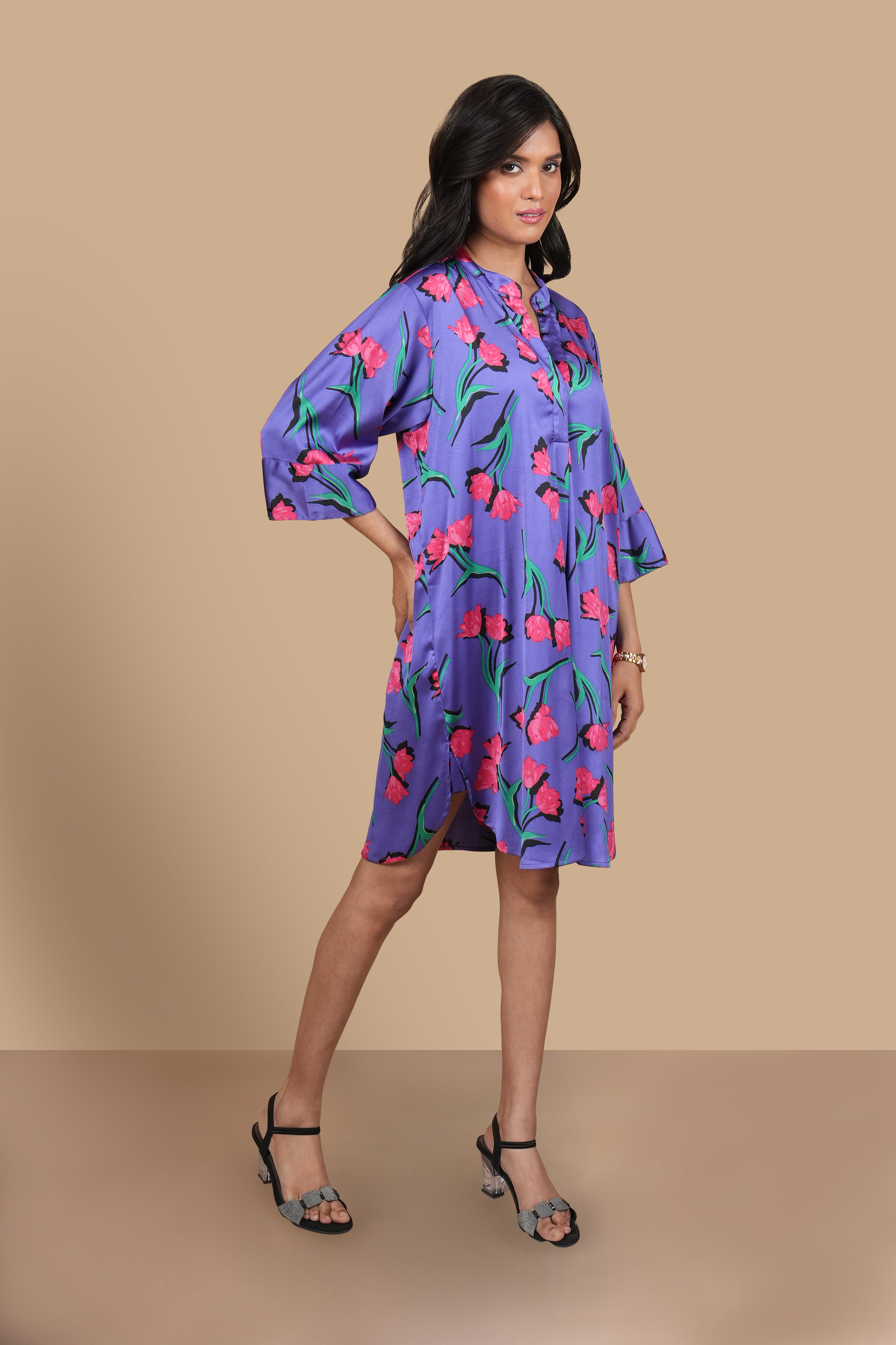 TULIP PRINT SATIN DRESS