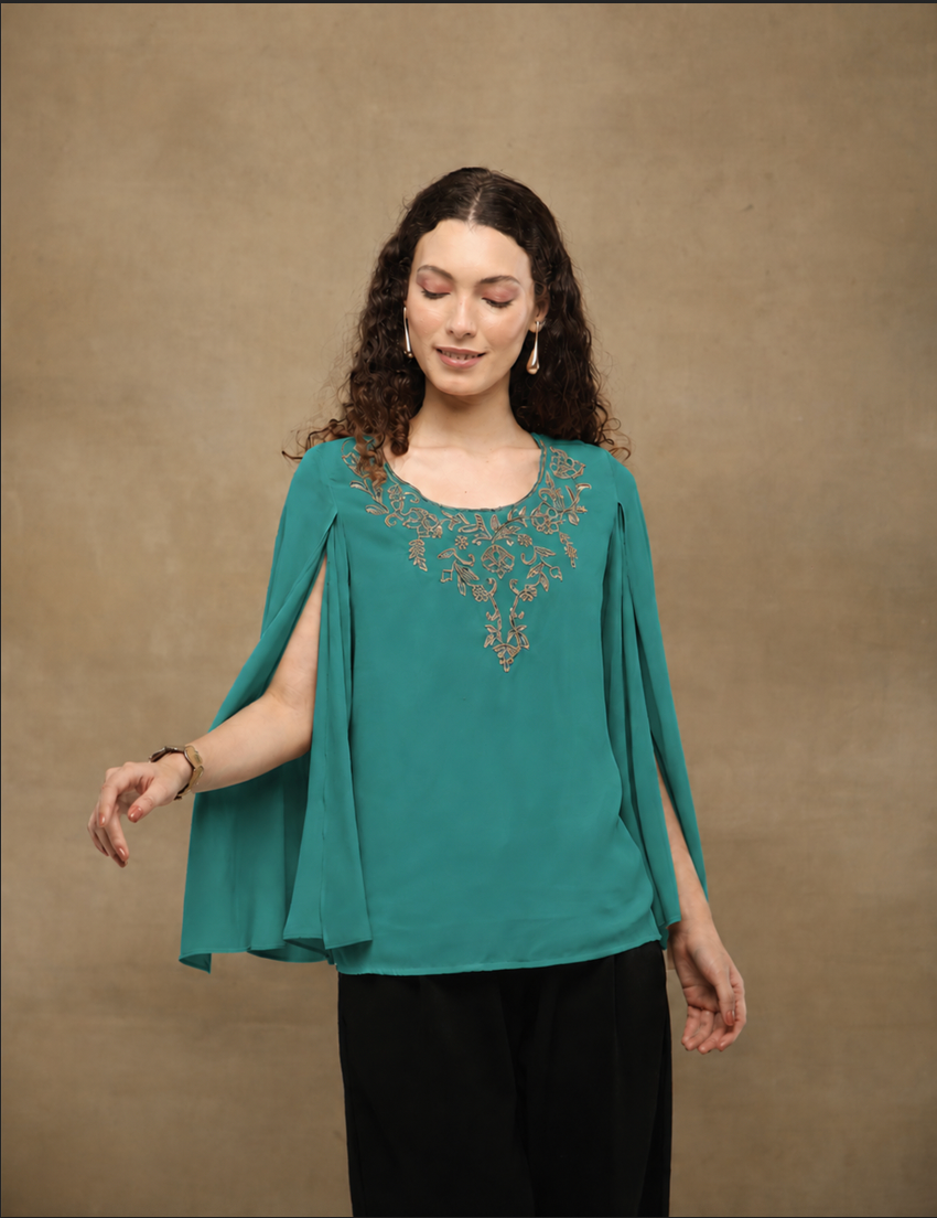 Green Drape Embroidered Top