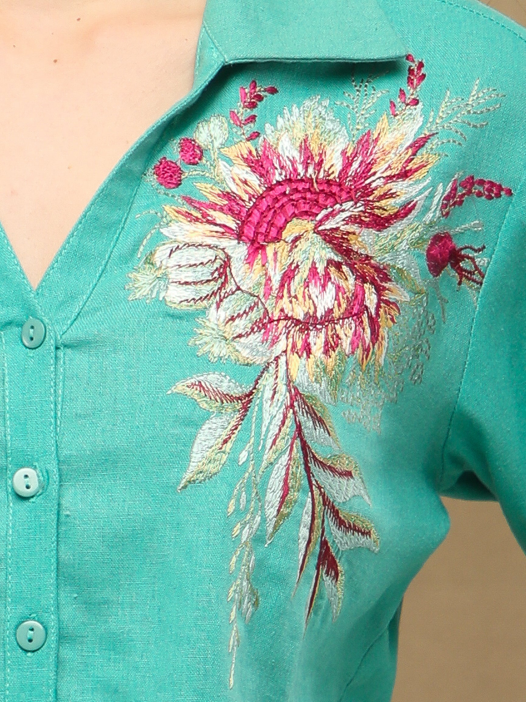 Linen Blossom Embroidered Mint Shirt