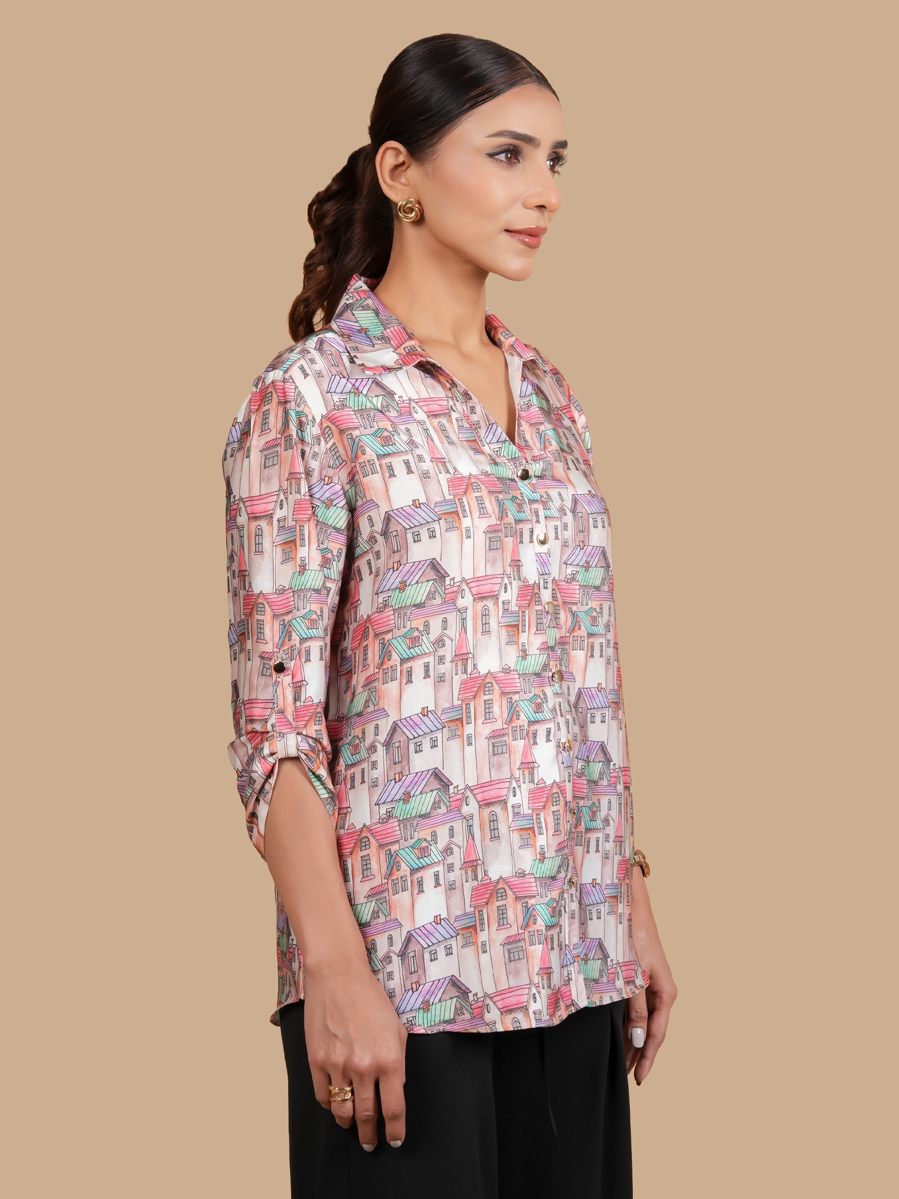 HOUSE PRINT SATIN SHIRT