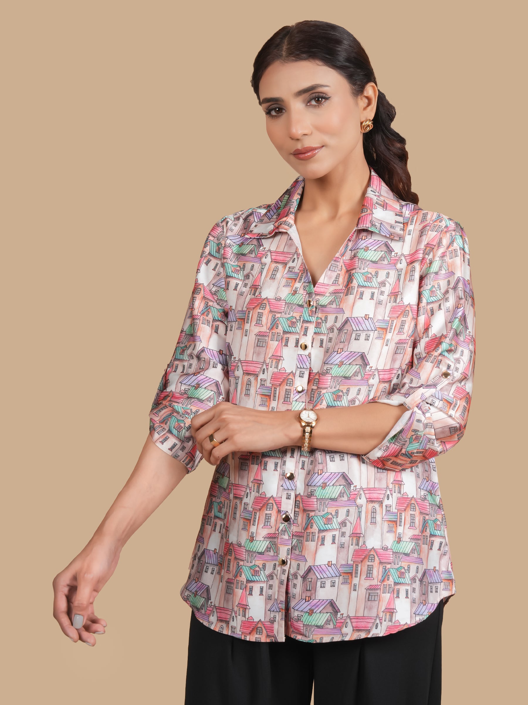 HOUSE PRINT SATIN SHIRT