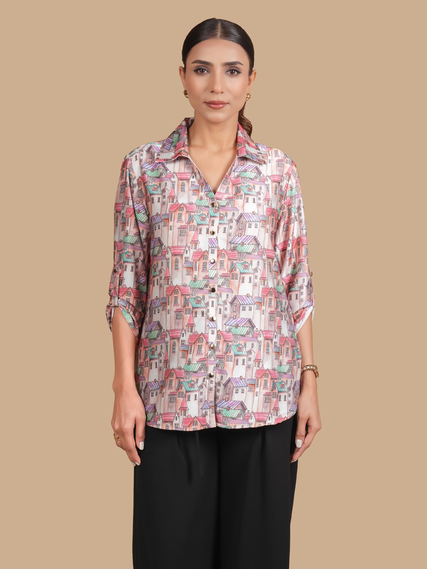 HOUSE PRINT SATIN SHIRT