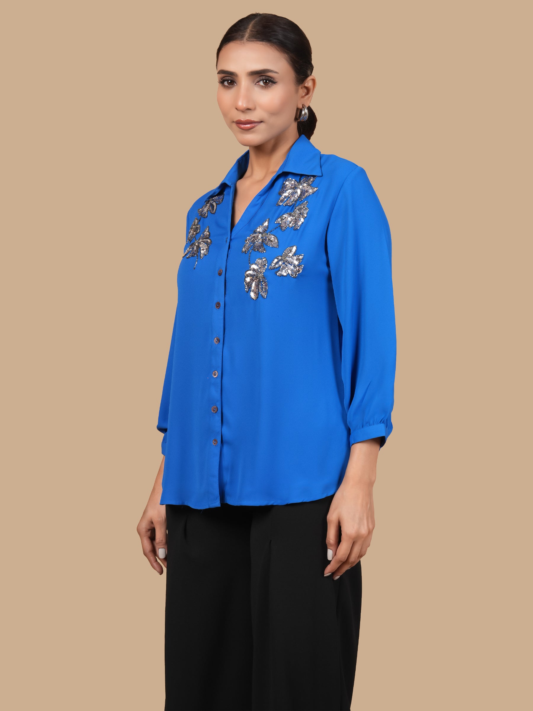 BUTTERFLY SEQUINS  ROYAL BLUE SHIRT
