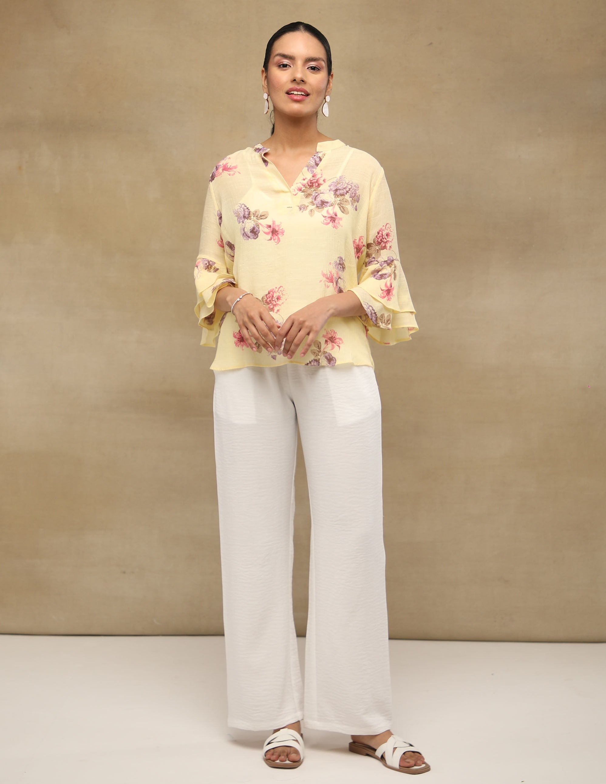 Butter Yellow Floral Printed Bell Sleeve Top