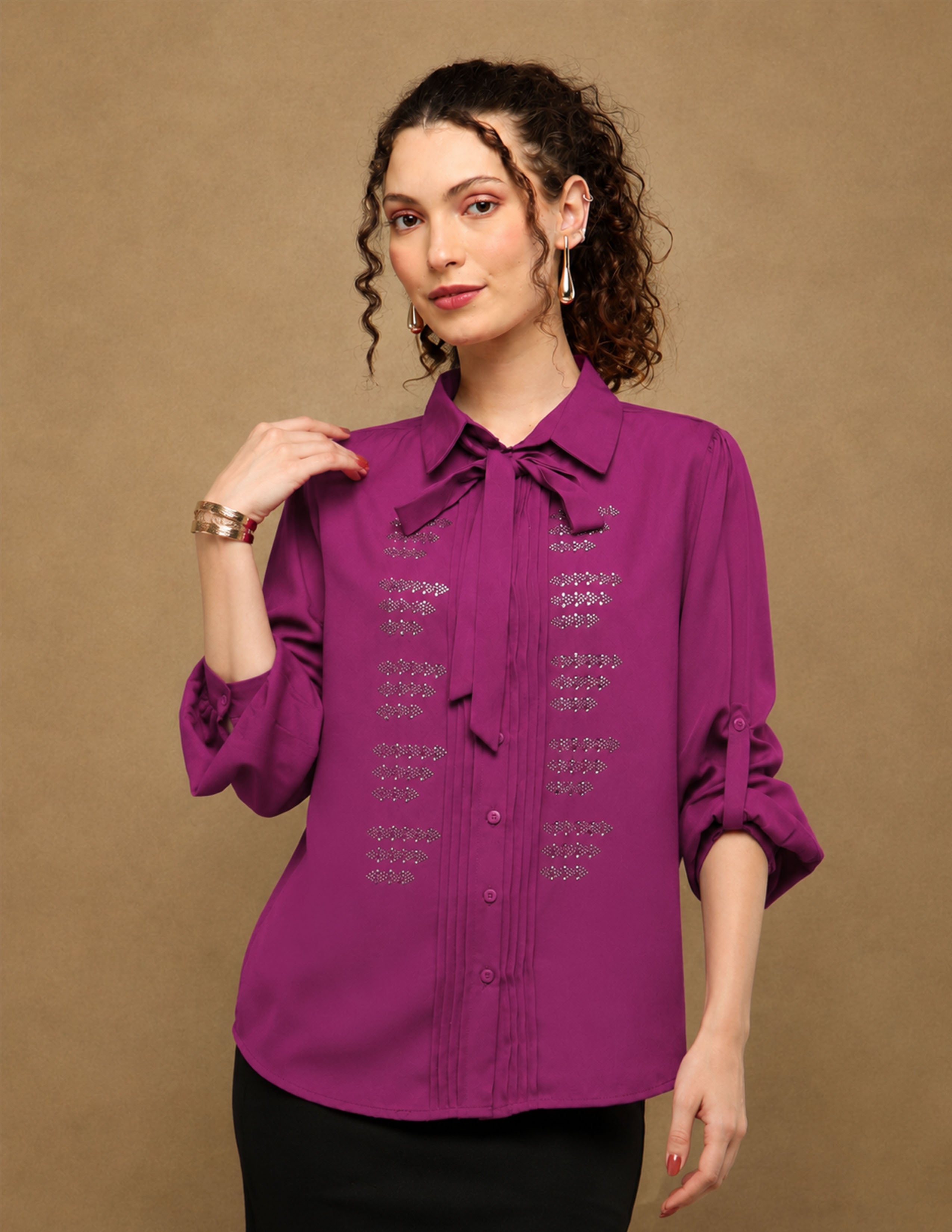 Magenta Linear Crystal Tie-up Shirt