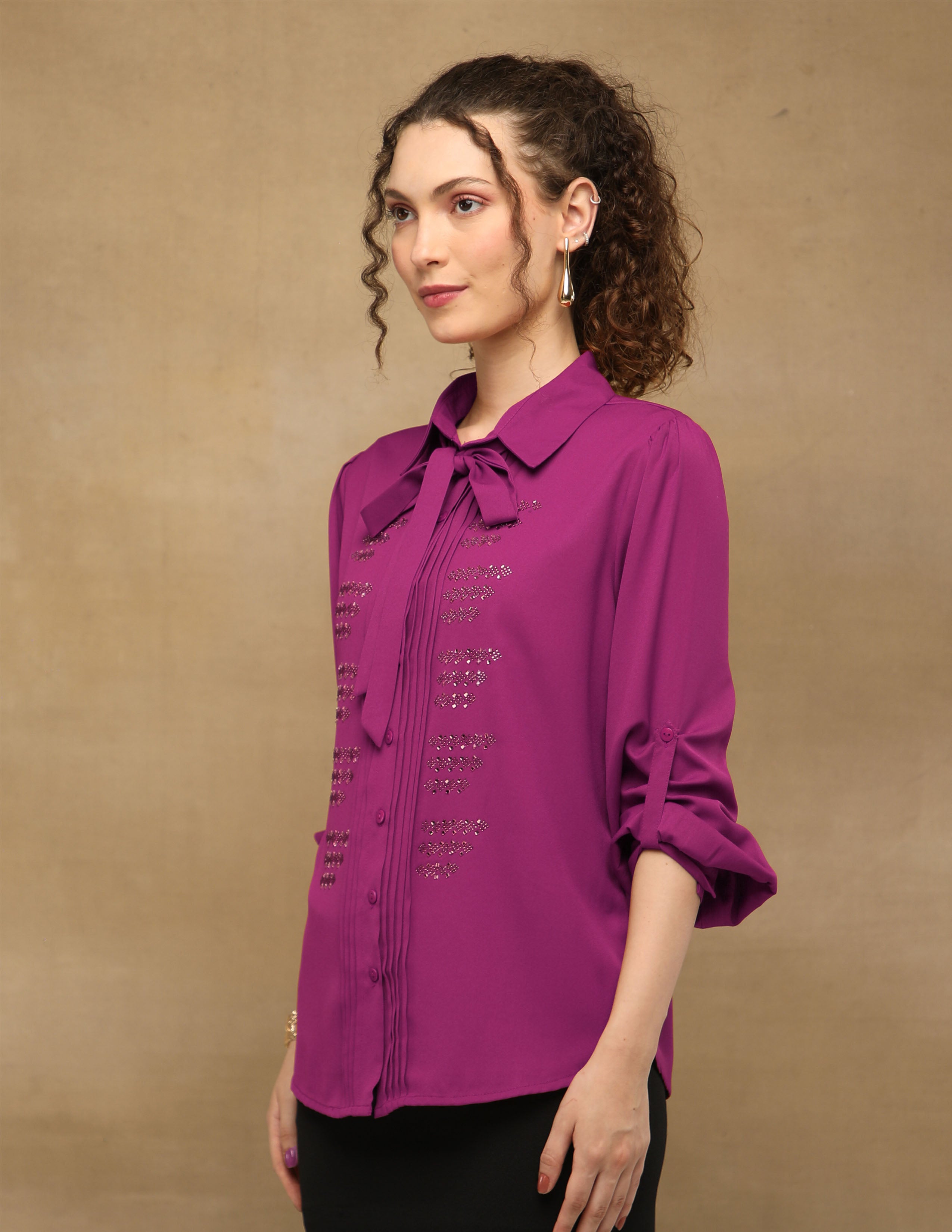 Magenta Linear Crystal Tie-up Shirt