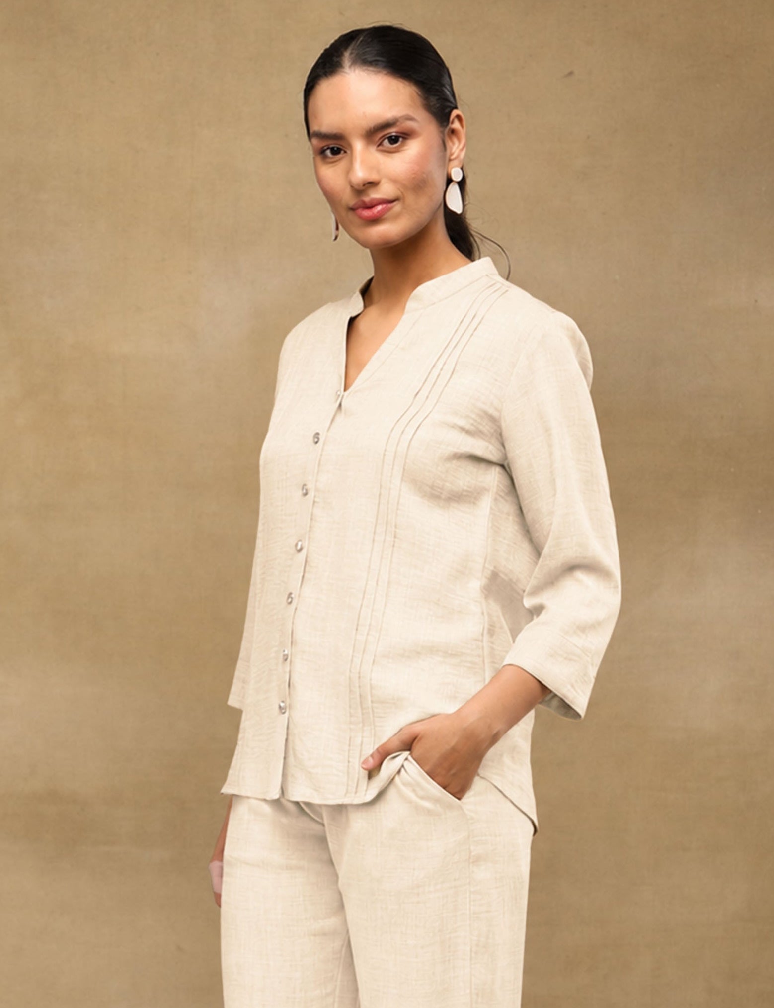 Melange Linen Triple Pintuck Beige Shirt (Copy)