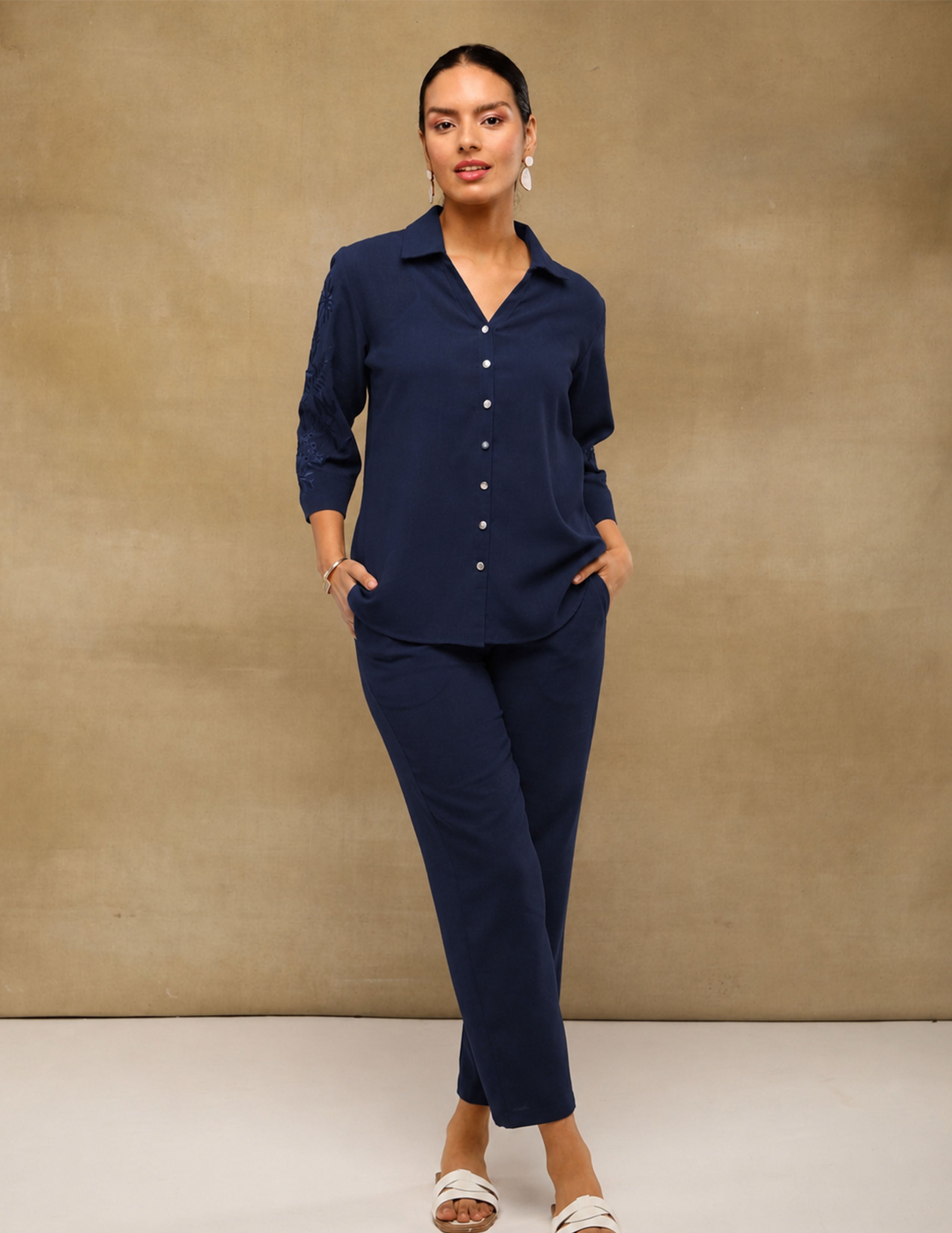 Navy Linen Embroidered Co-ord Set (Copy)