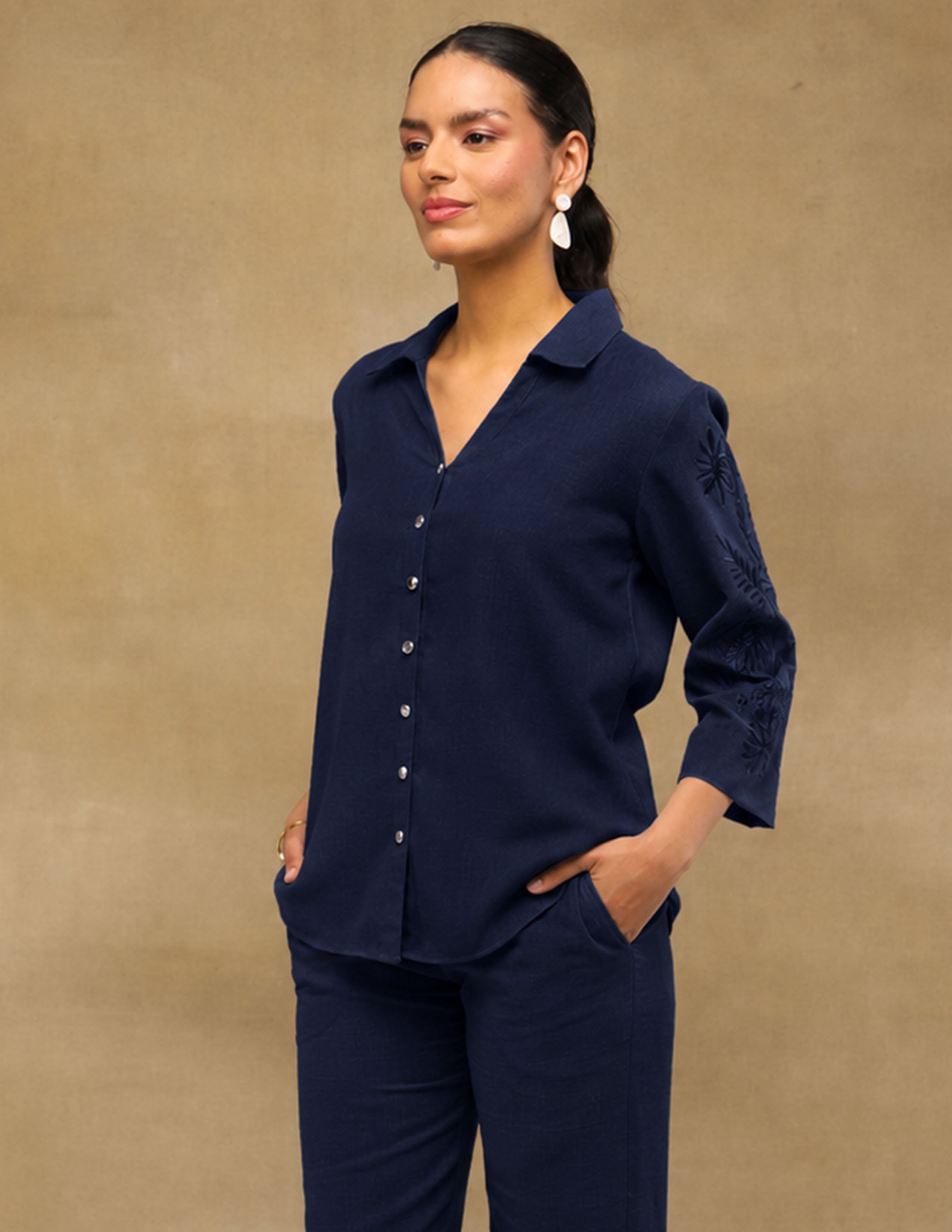 Navy Linen Embroidered Shirt (Copy)