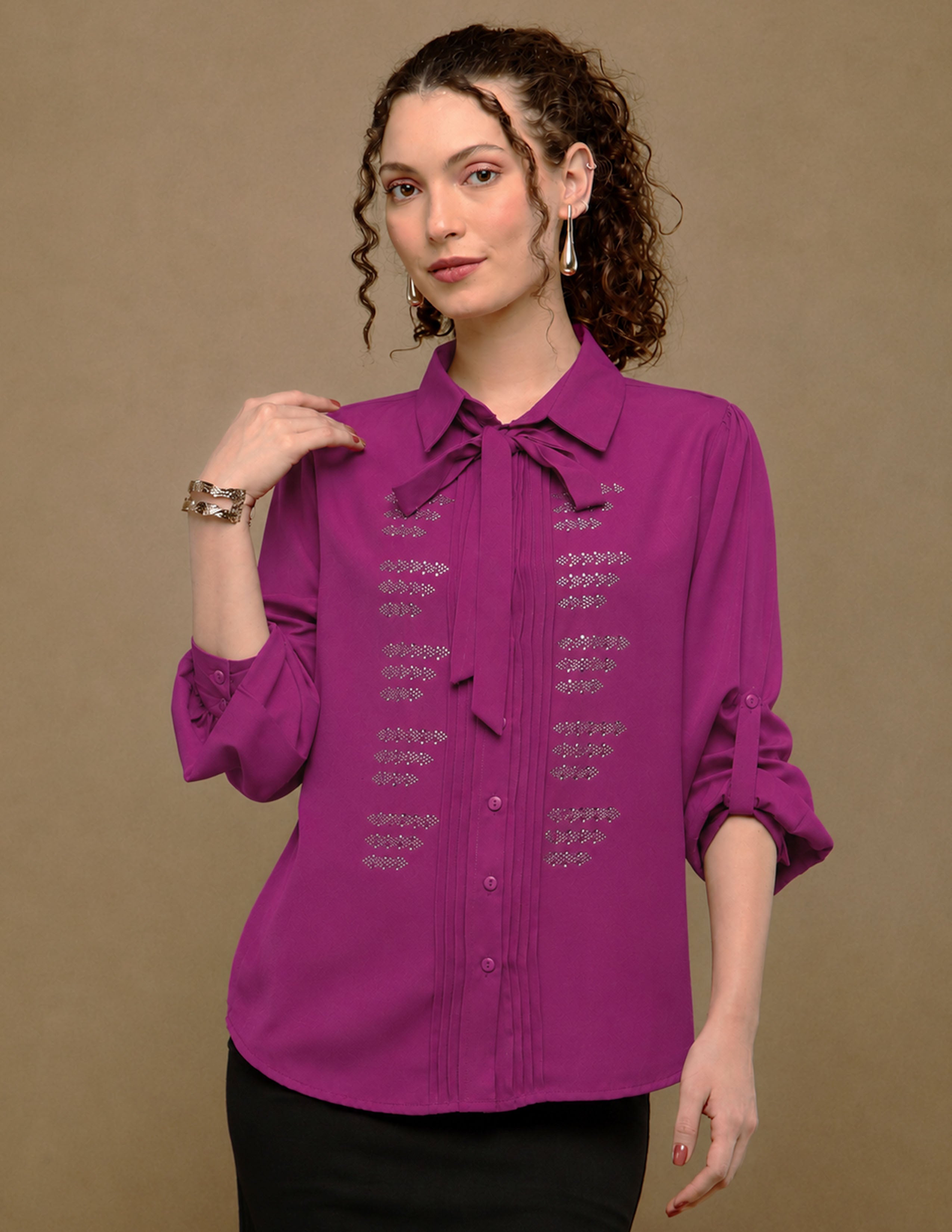 Magenta Linear Crystal Tie-up Shirt