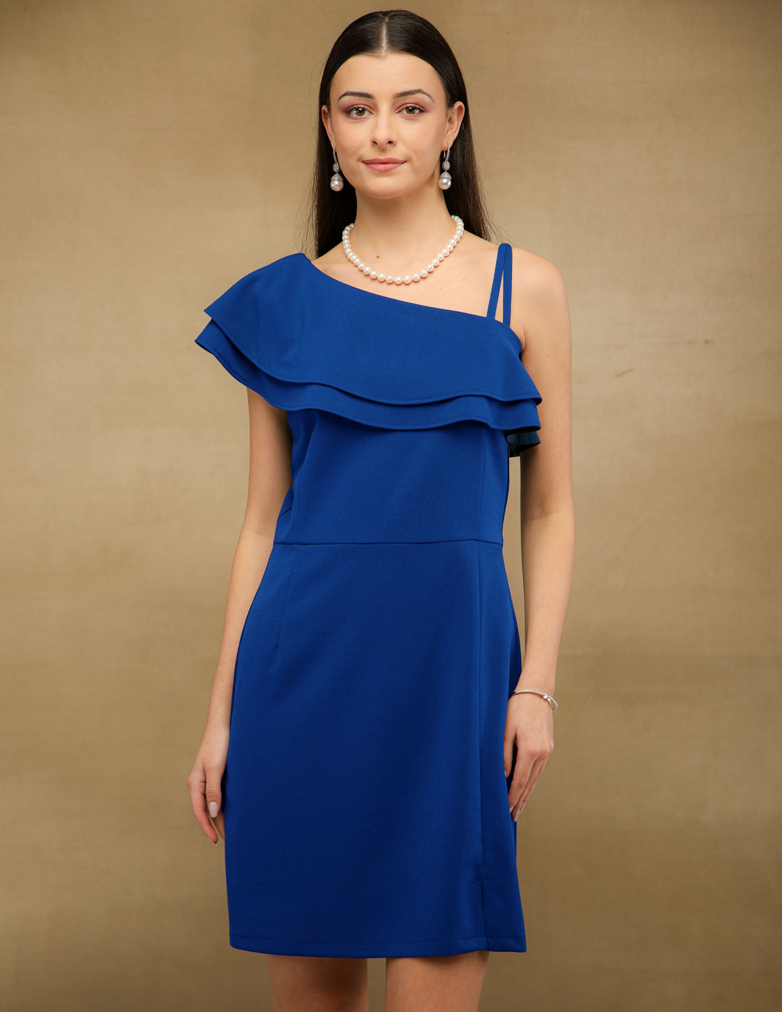Marine One Shoulder Frill Dress
