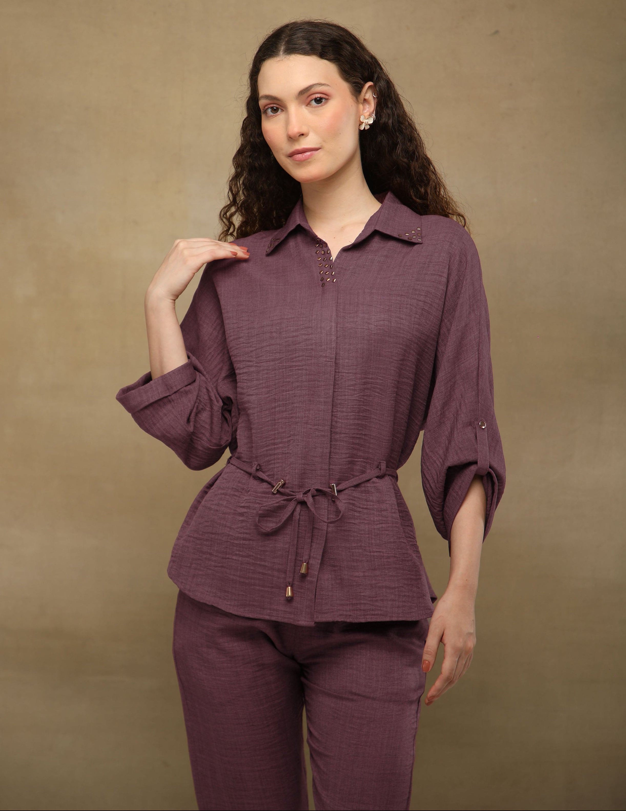 Wine Rhinestone Linen Co-ord Set
