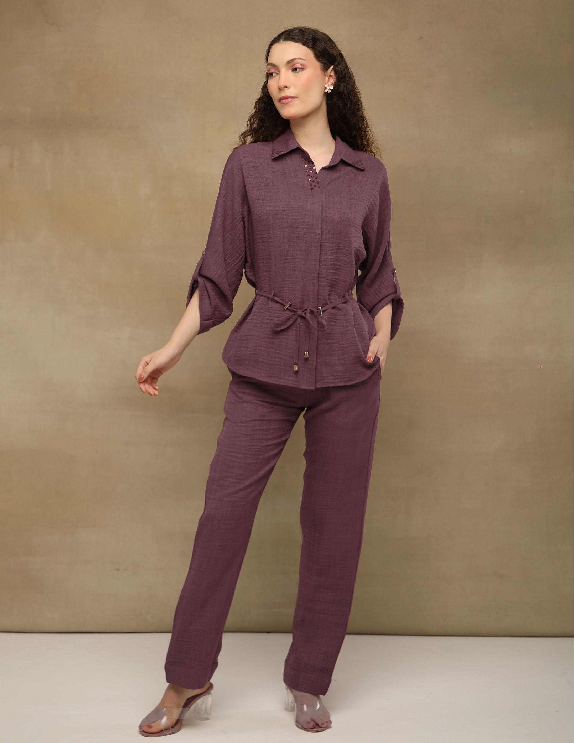 Wine Rhinestone Linen Co-ord Set