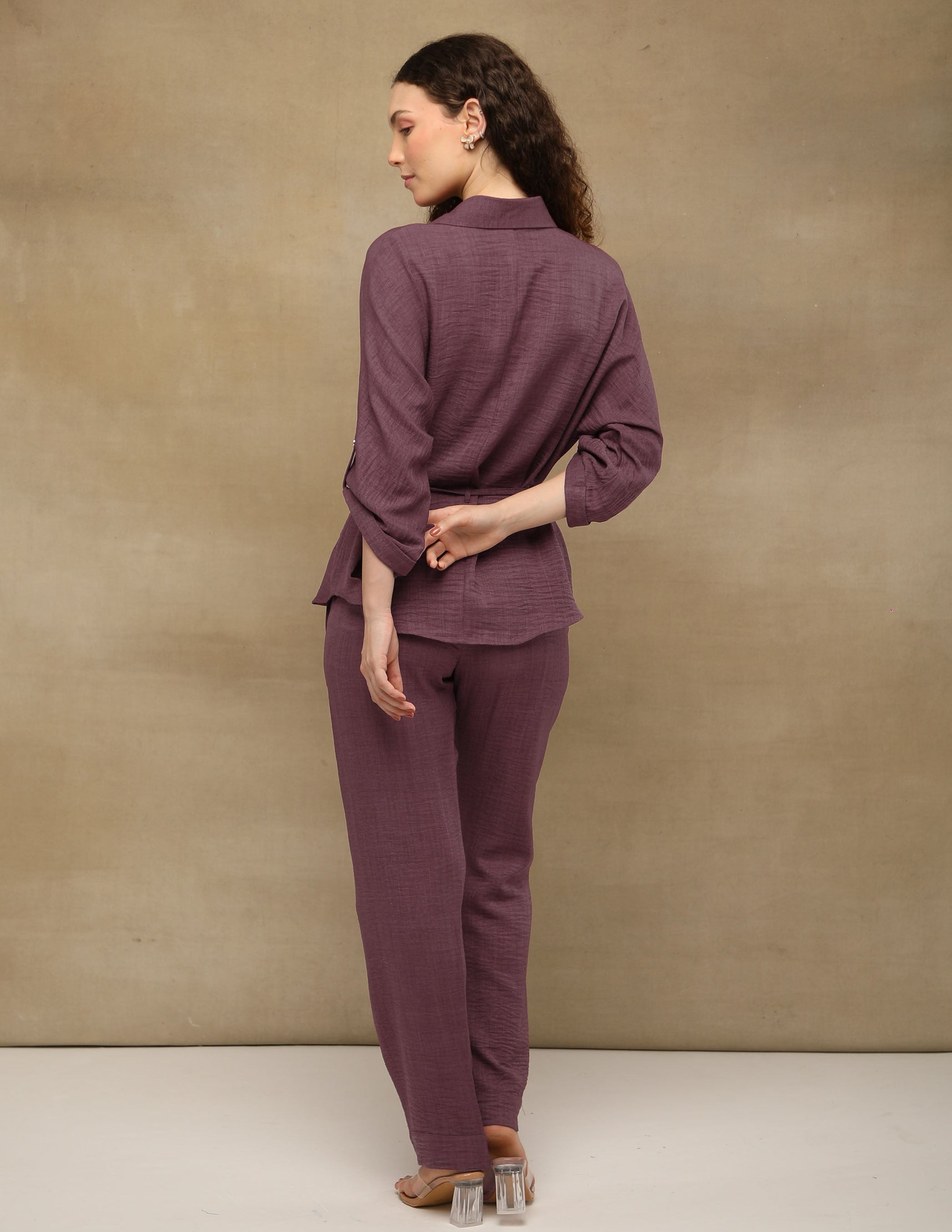 Wine Rhinestone Linen Co-ord Set