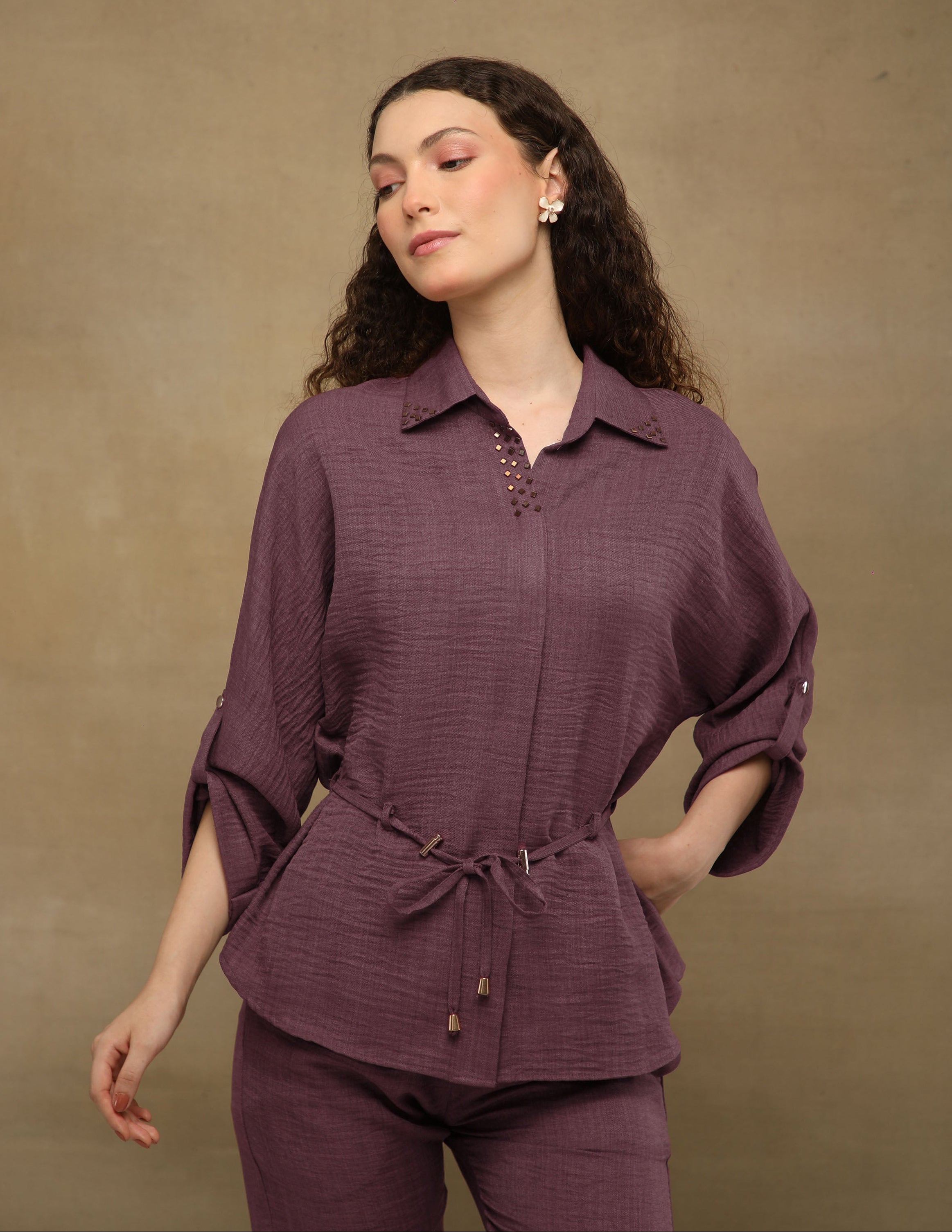 Wine Rhinestone Linen Co-ord Set