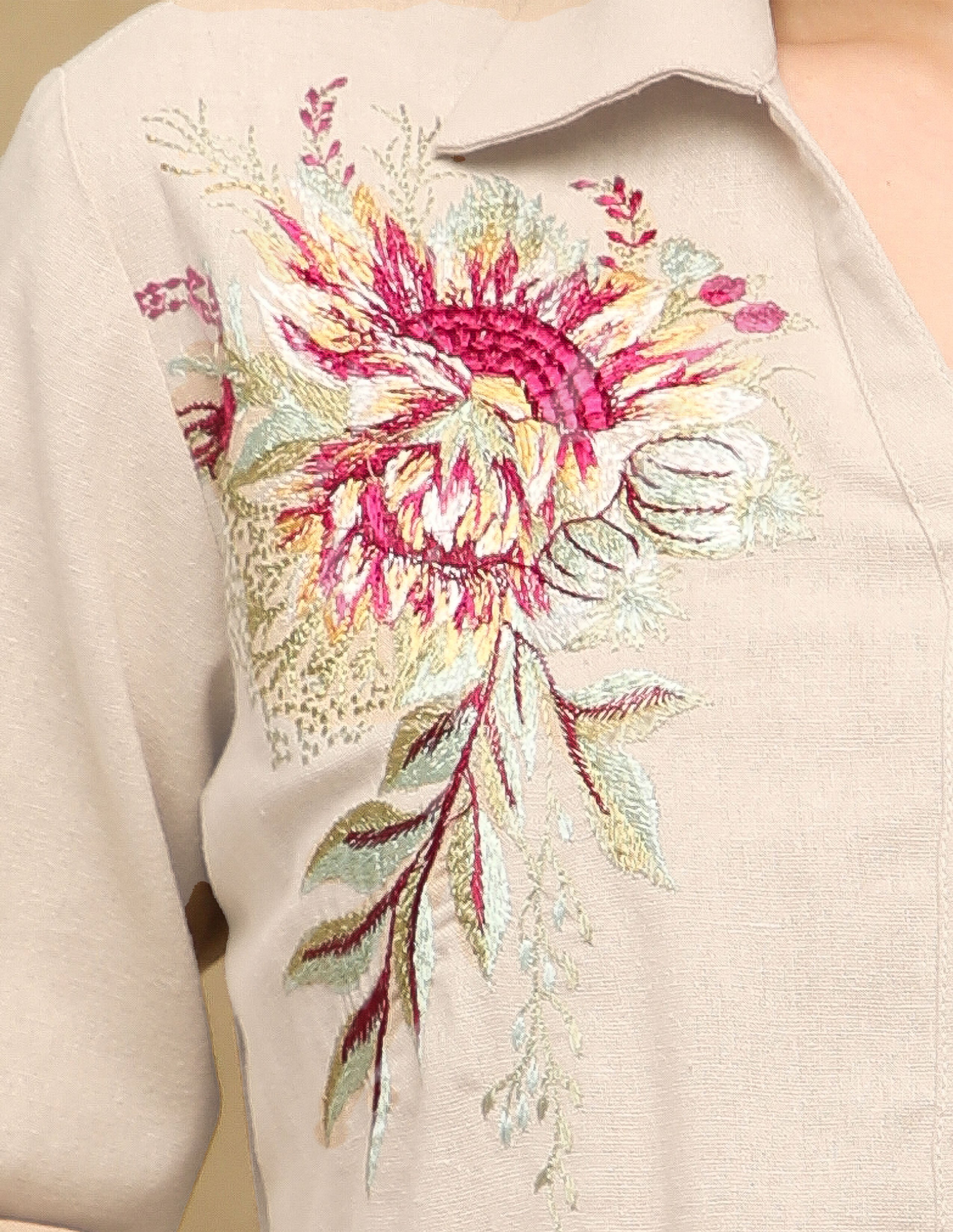 Linen Blossom Embroidered Beige Shirt
