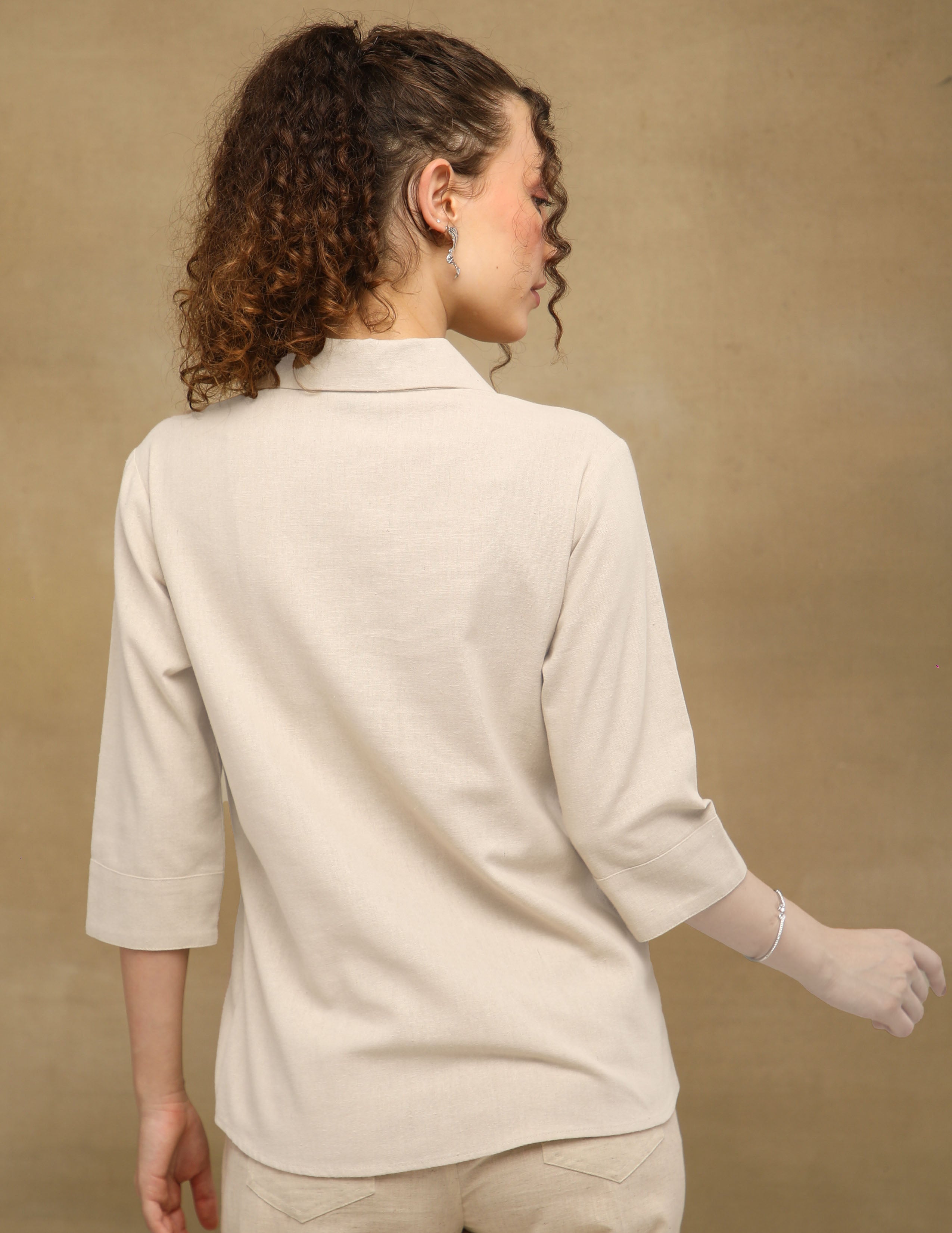 Linen Blossom Embroidered Beige Shirt