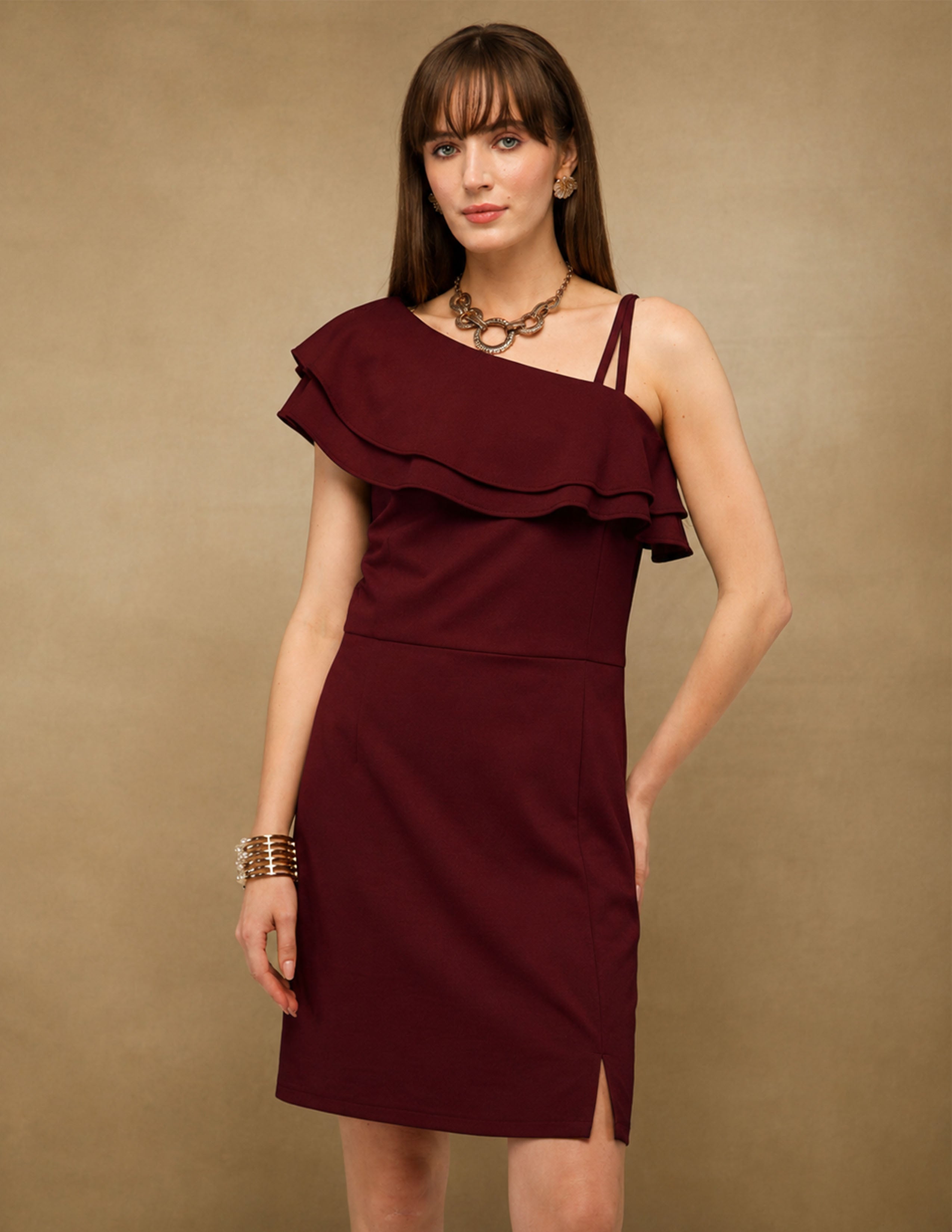 Maroon One Shoulder Frill Dress