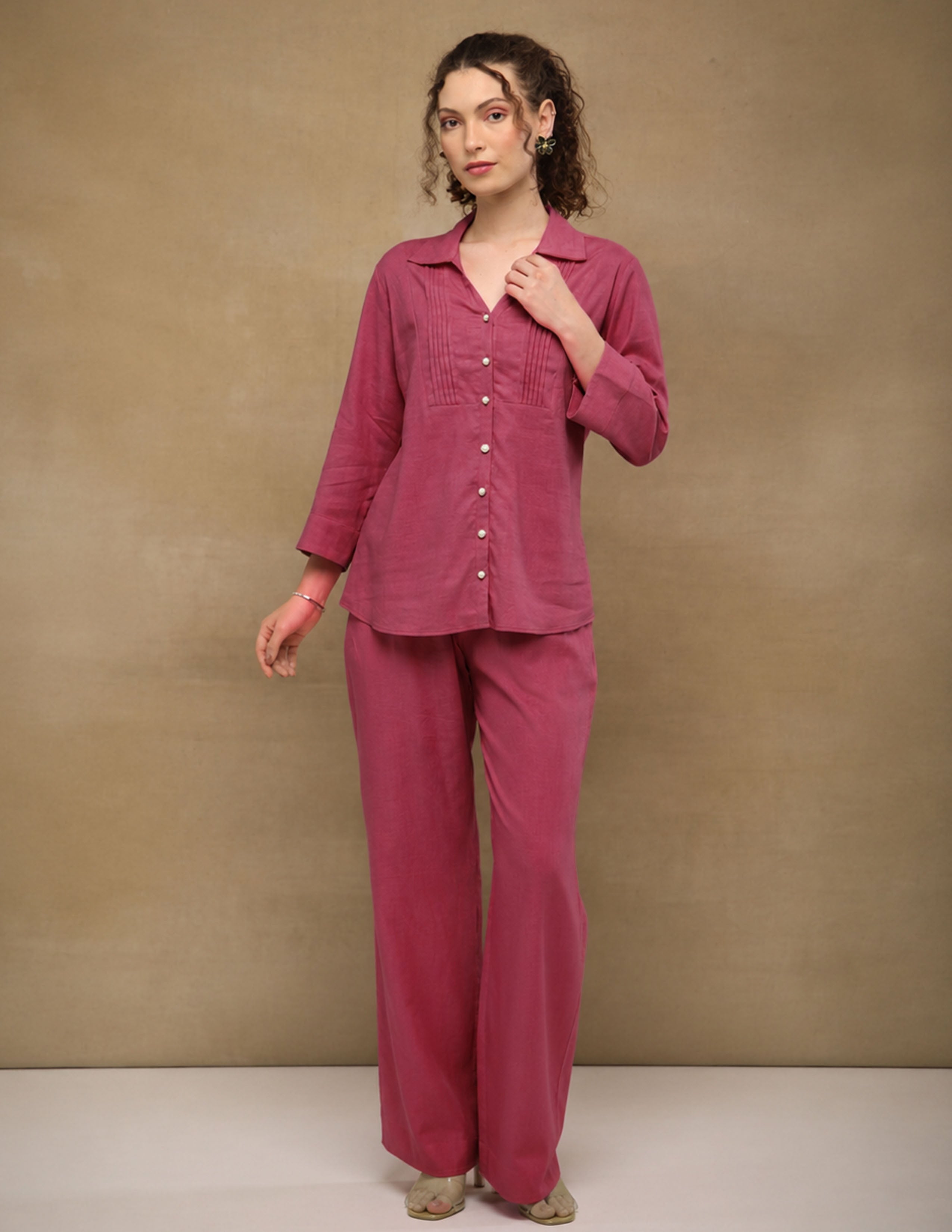 Magenta  Linen Yoke Pintuck Shirt
