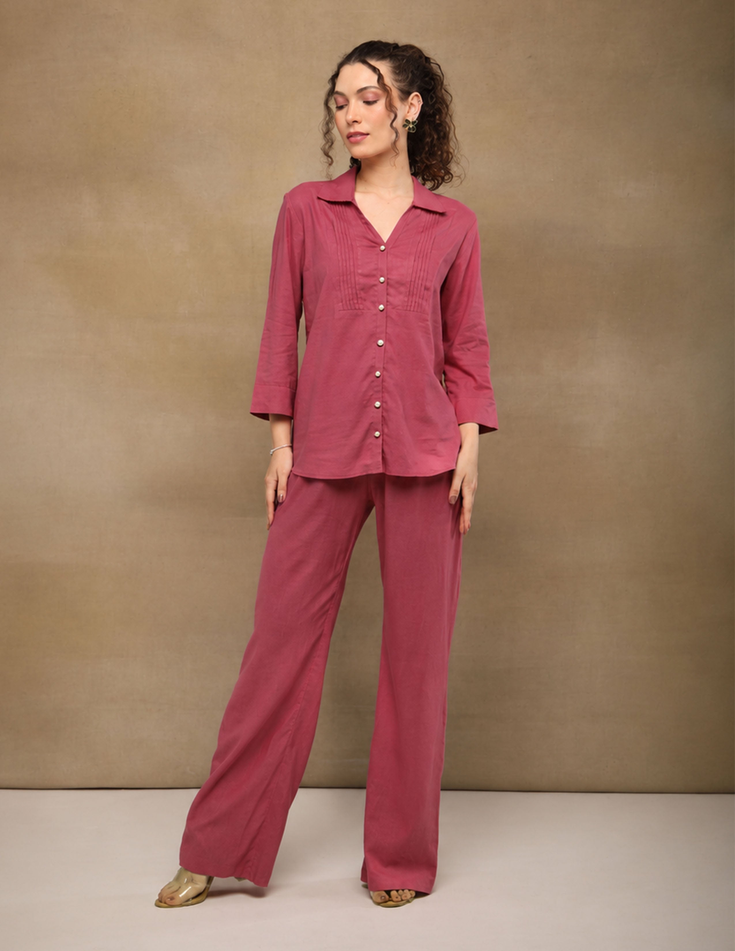 Magenta  Linen Yoke Pintuck Shirt