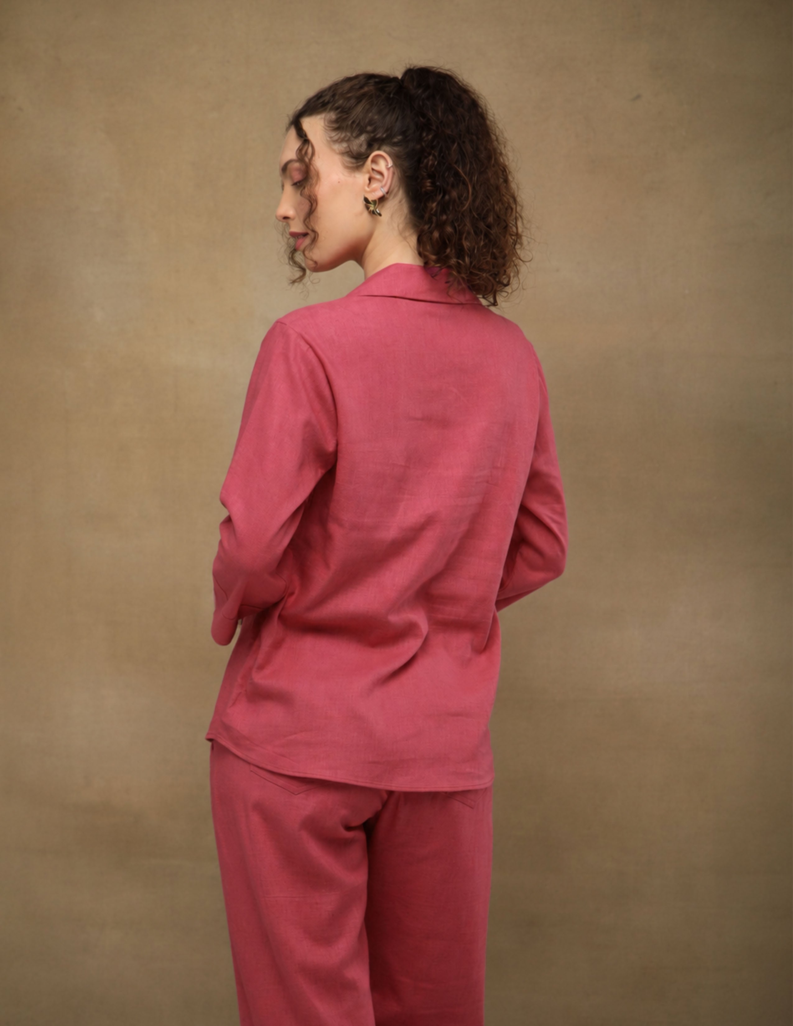 Magenta  Linen Yoke Pintuck Shirt