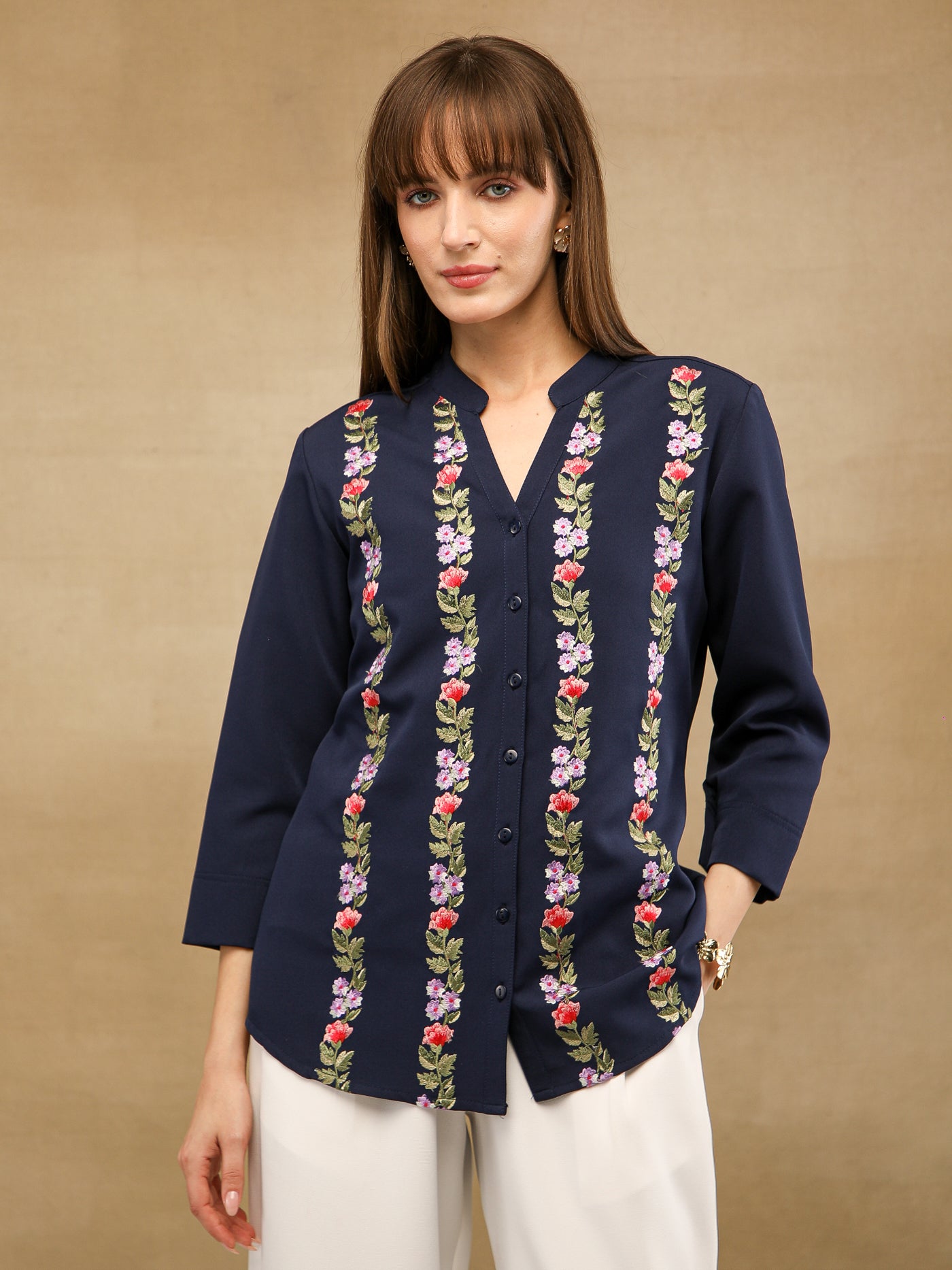 Panelled Embroidery Navy Shirt