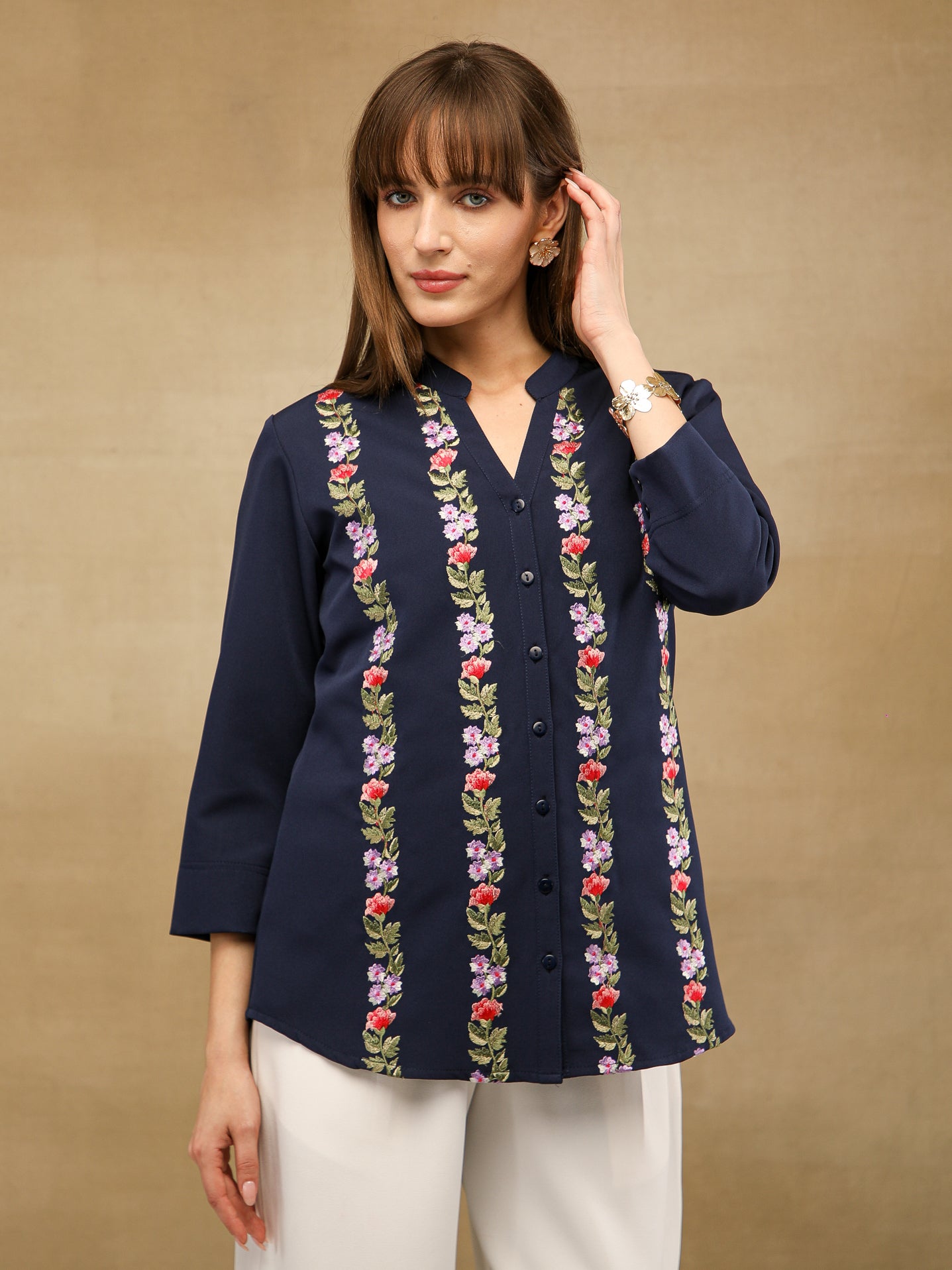 Panelled Embroidery Navy Shirt