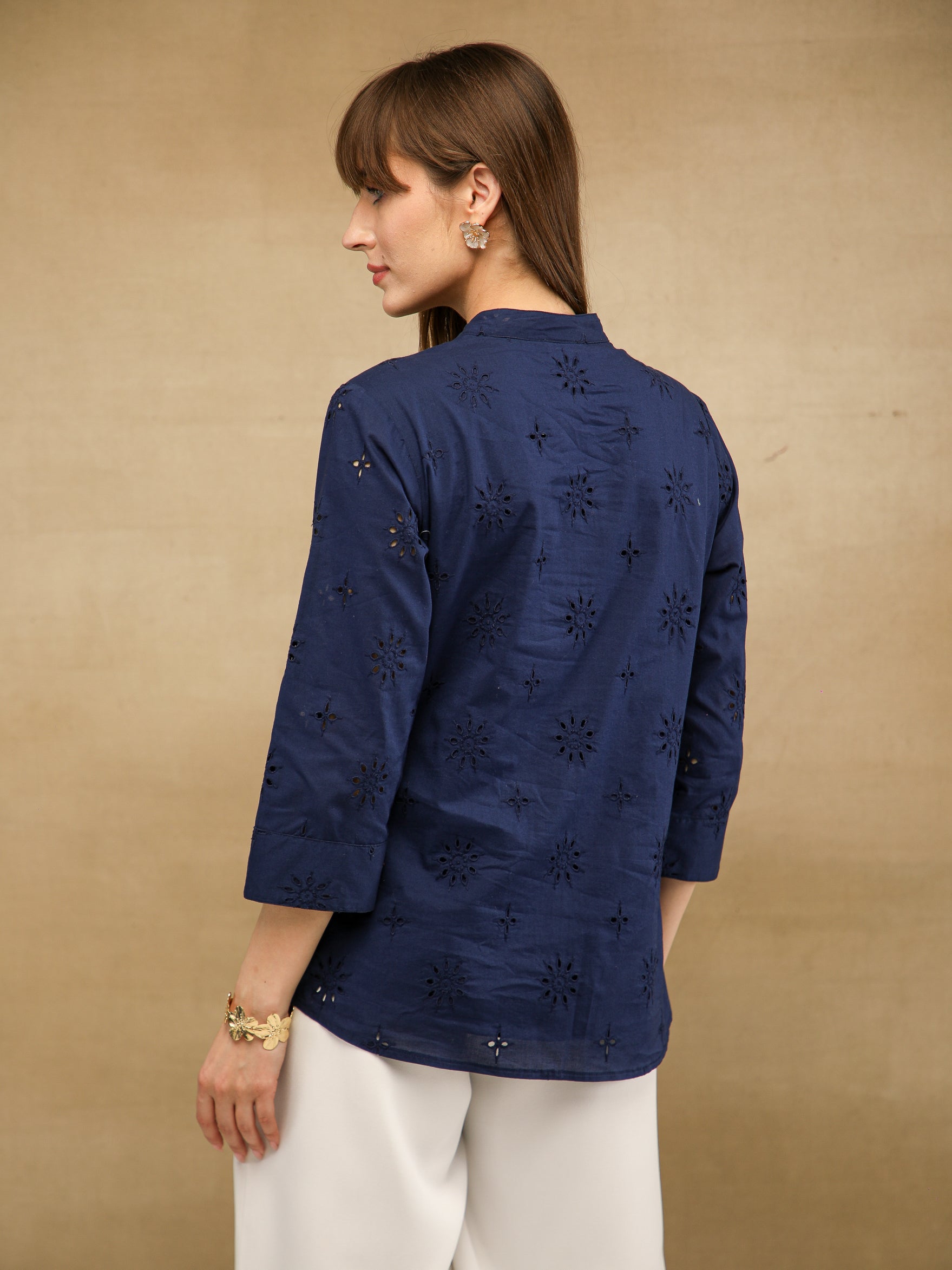 Navy Schiffli Floral Embroidered Shirt