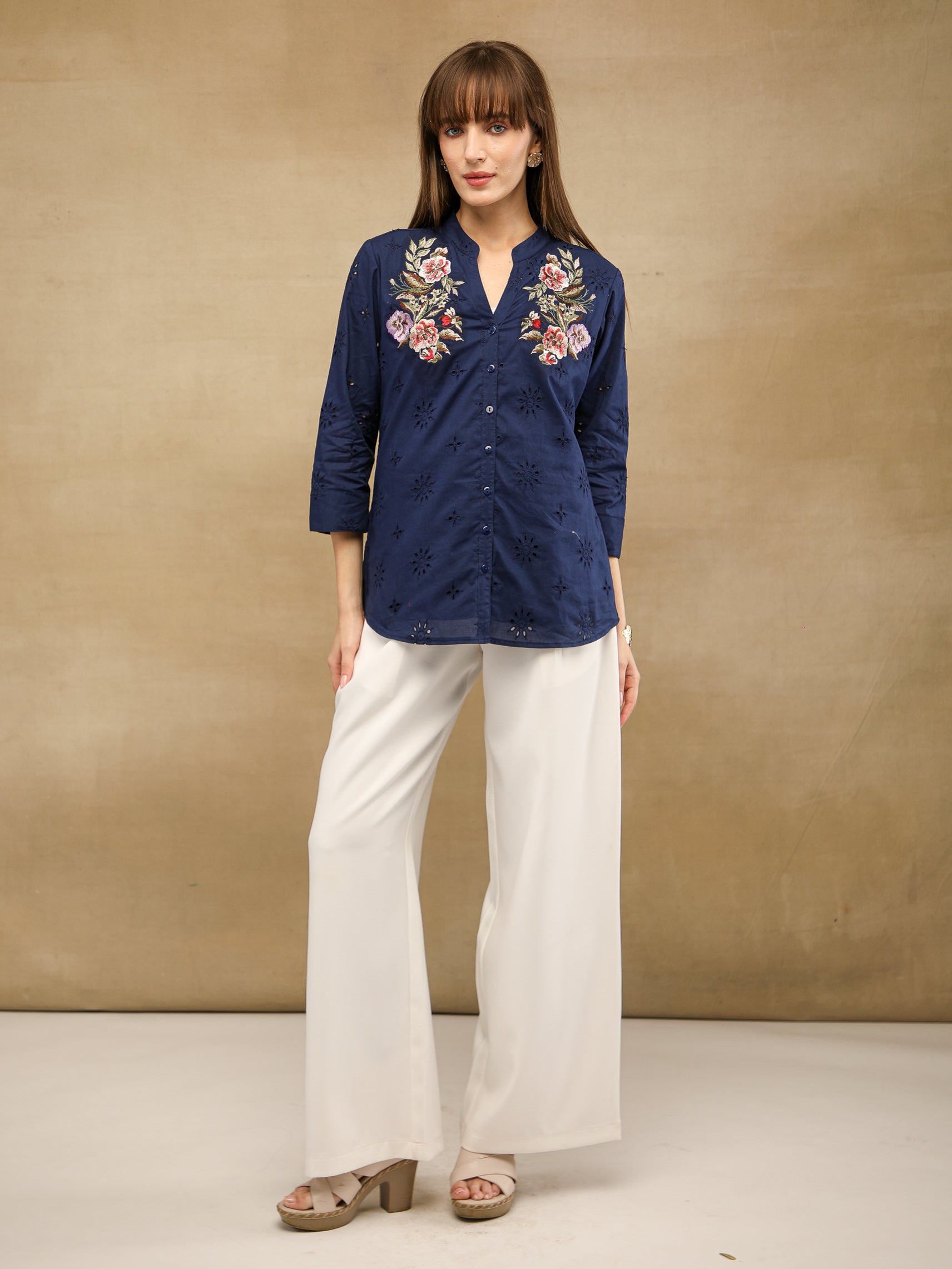 Navy Schiffli Floral Embroidered Shirt