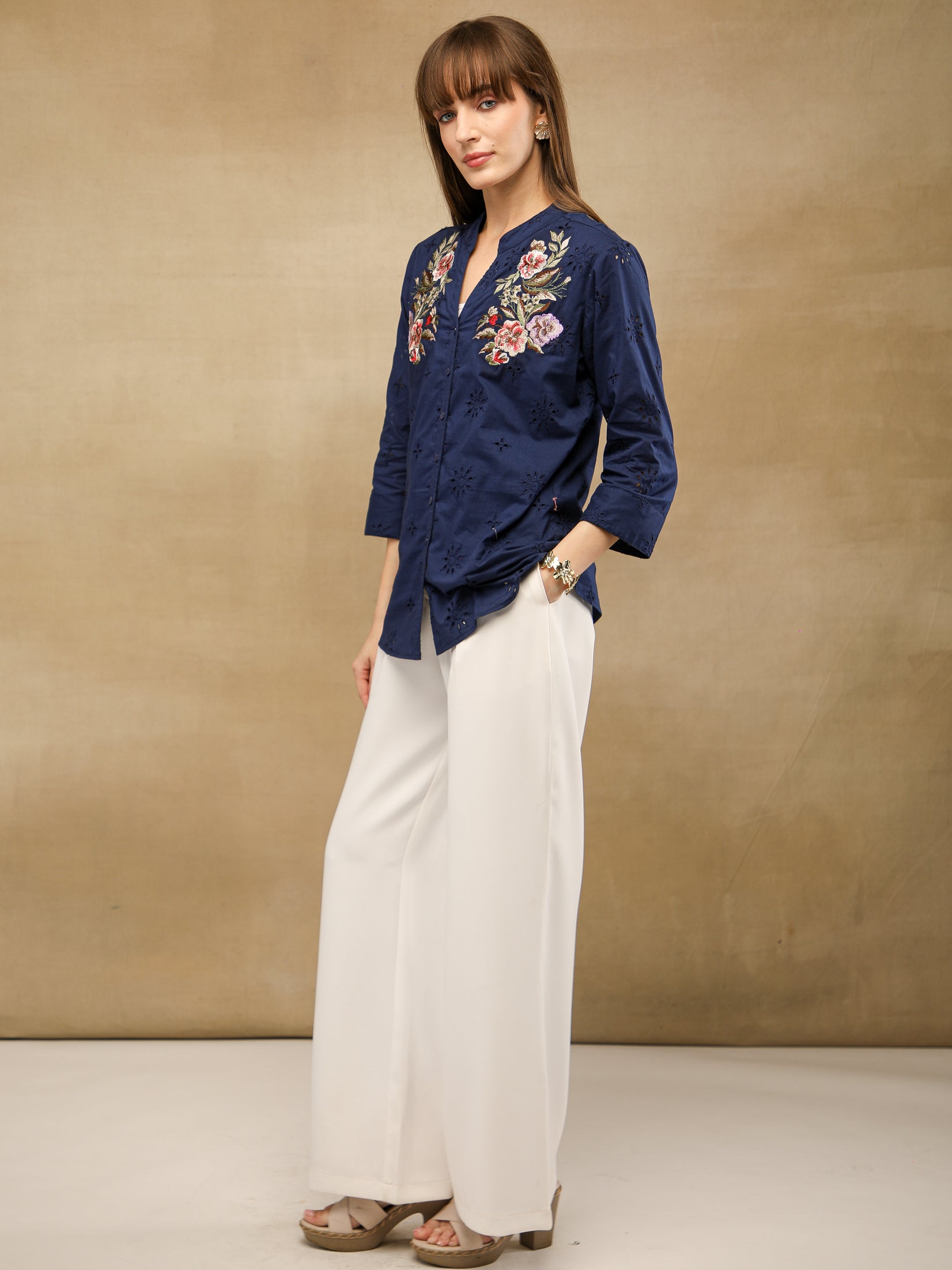 Navy Schiffli Floral Embroidered Shirt
