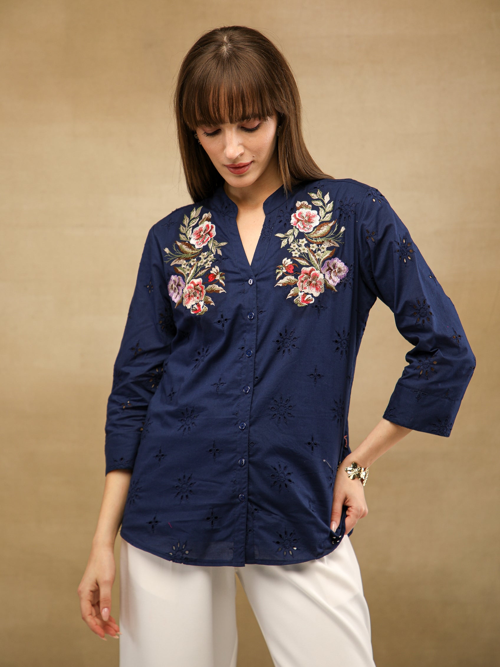 Navy Schiffli Floral Embroidered Shirt