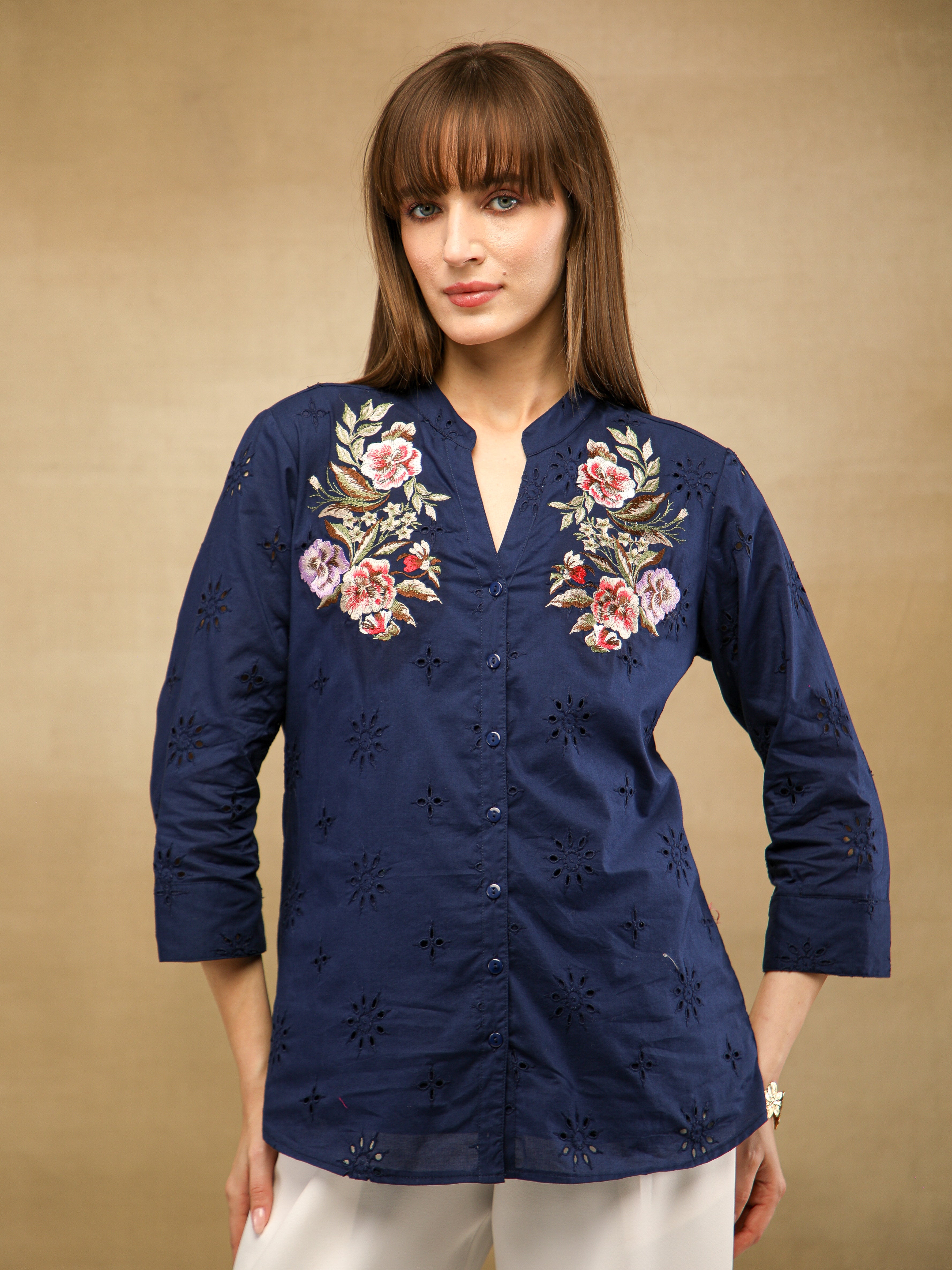 Navy Schiffli Floral Embroidered Shirt