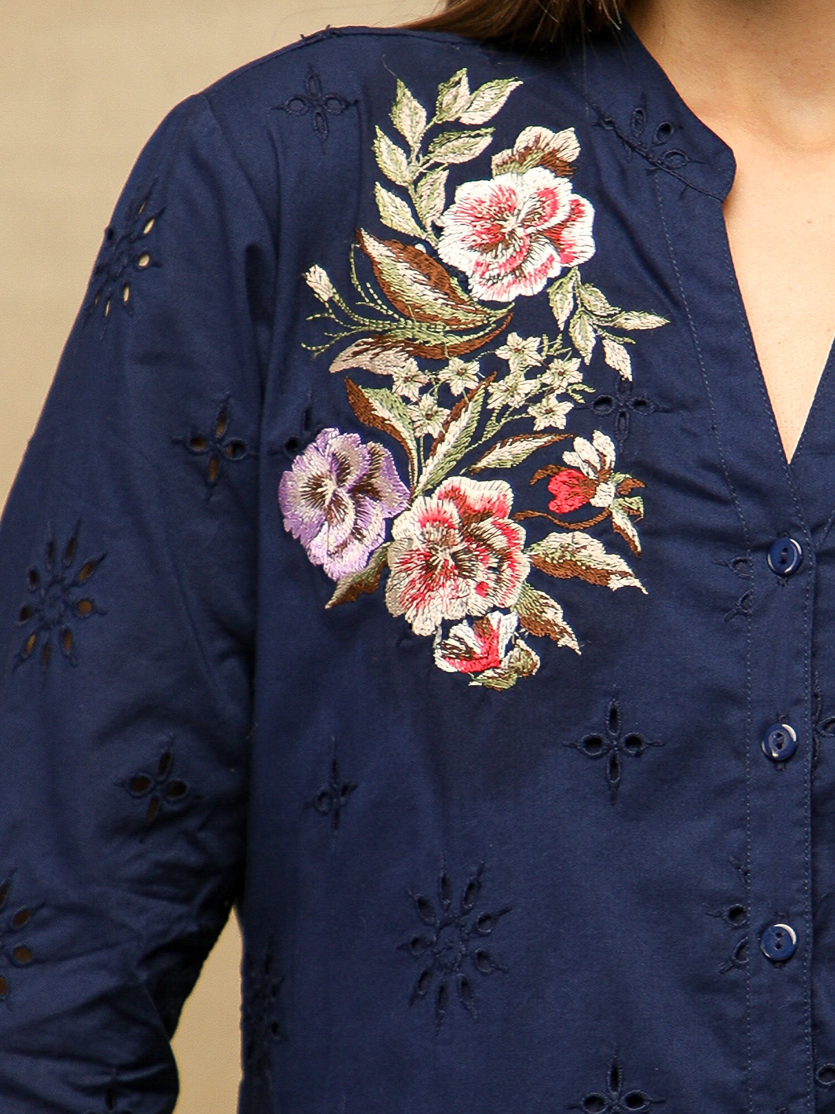 Navy Schiffli Floral Embroidered Shirt