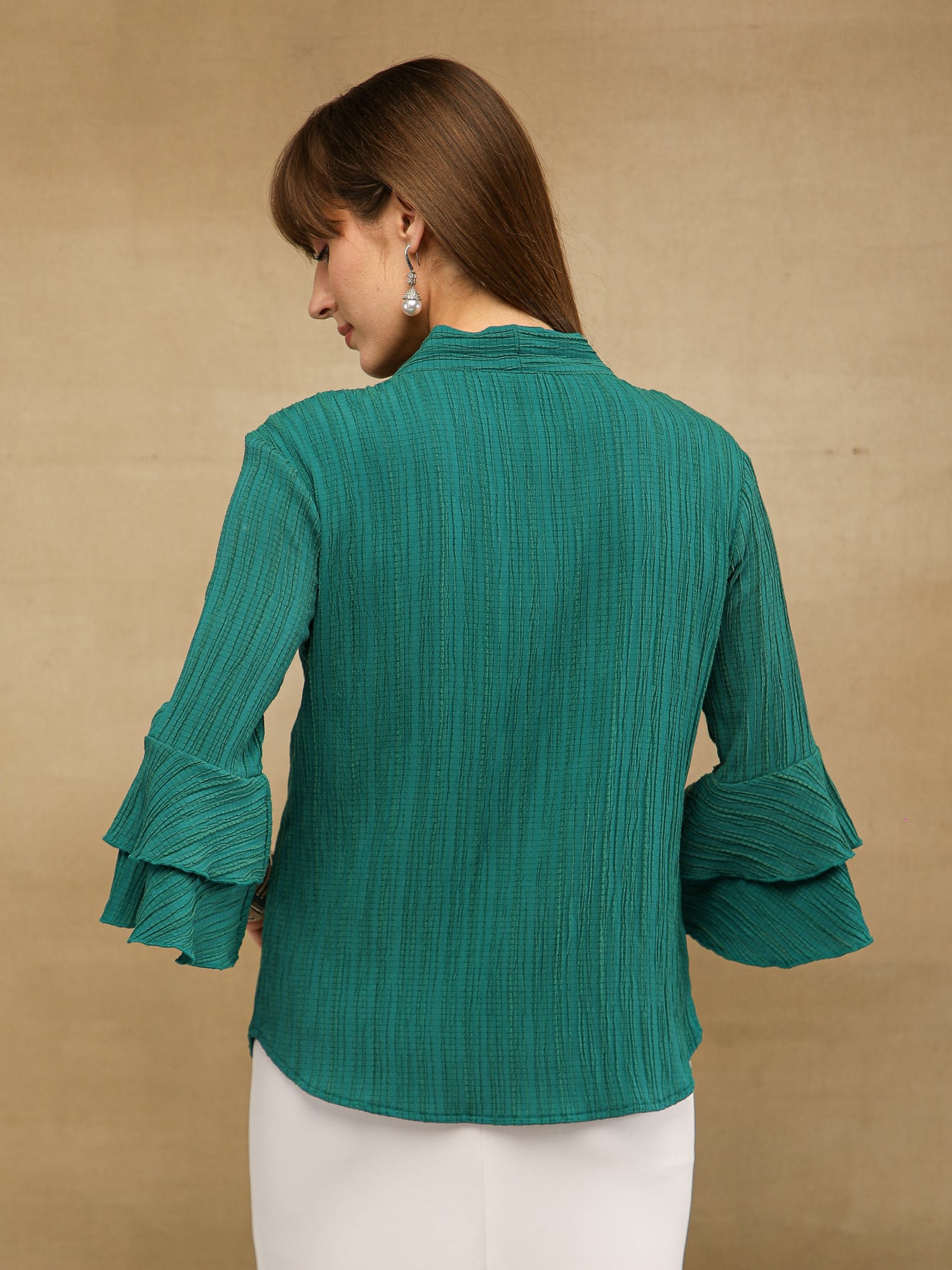 Pleated Bell Sleeve Teal Top