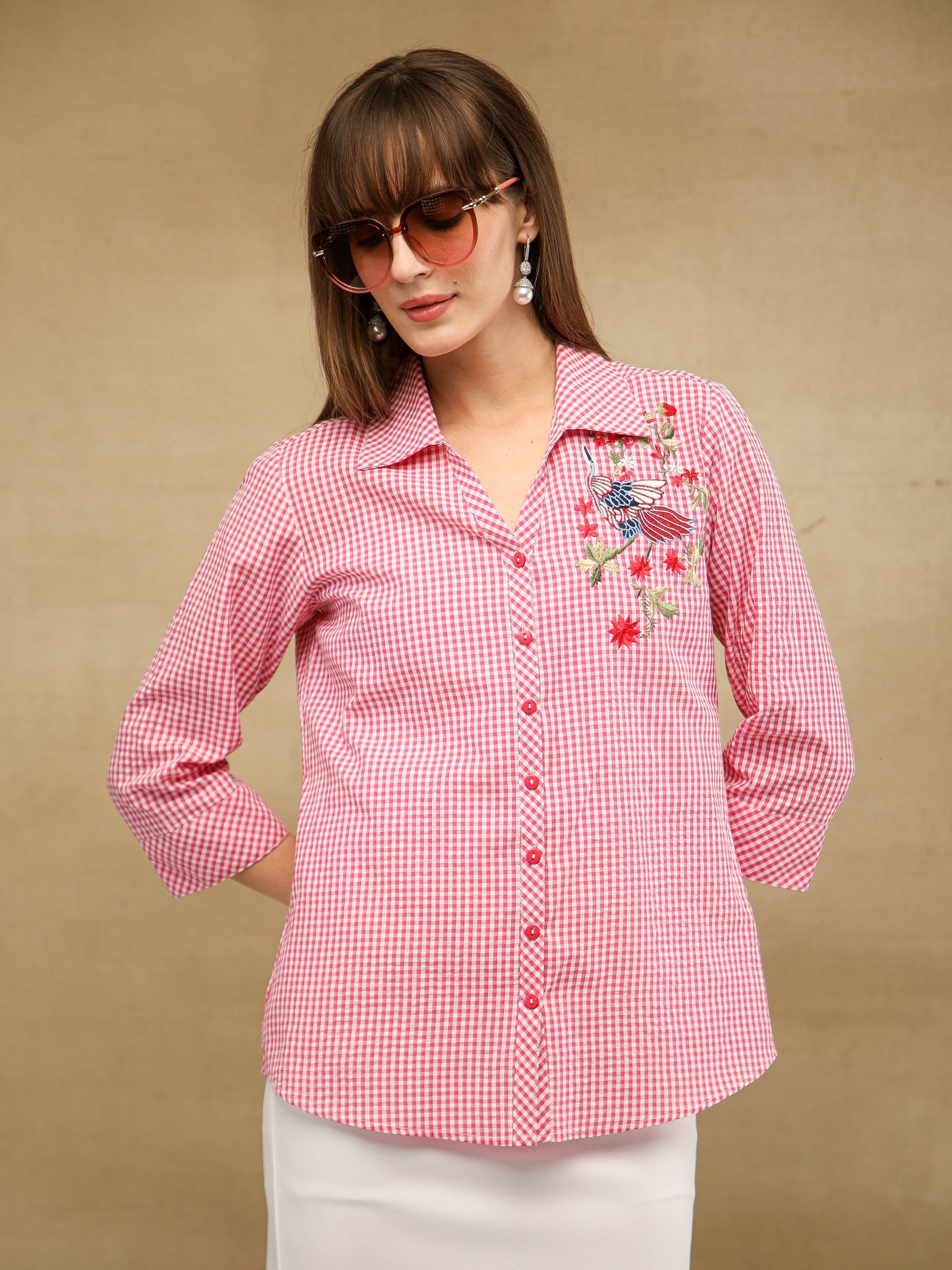Ghingham Embroidered Red Shirt