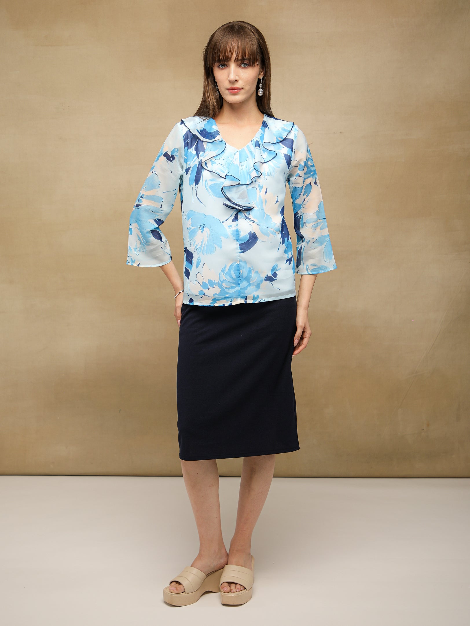 Front Frill Chiffon Blue Top