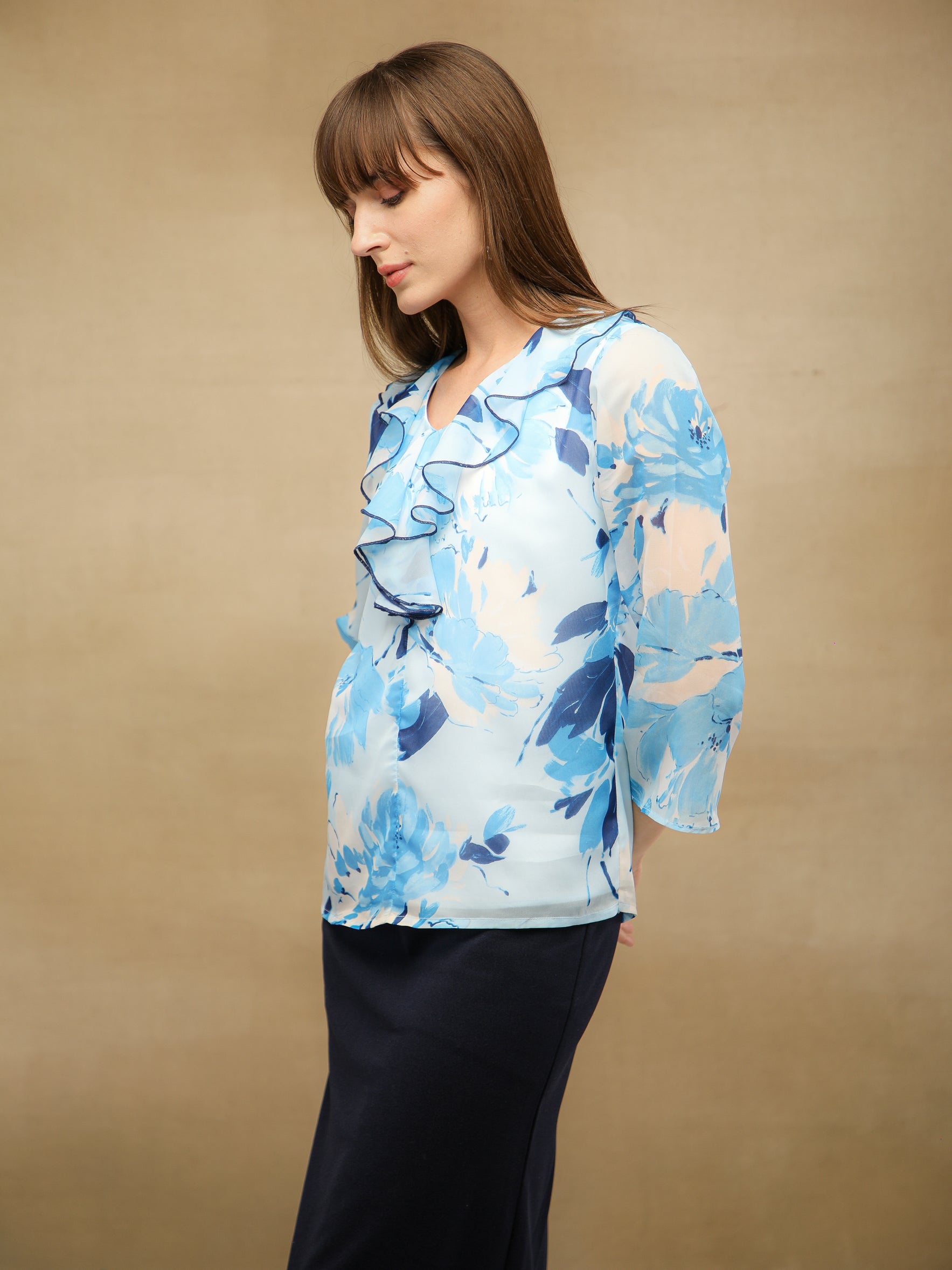 Front Frill Chiffon Blue Top